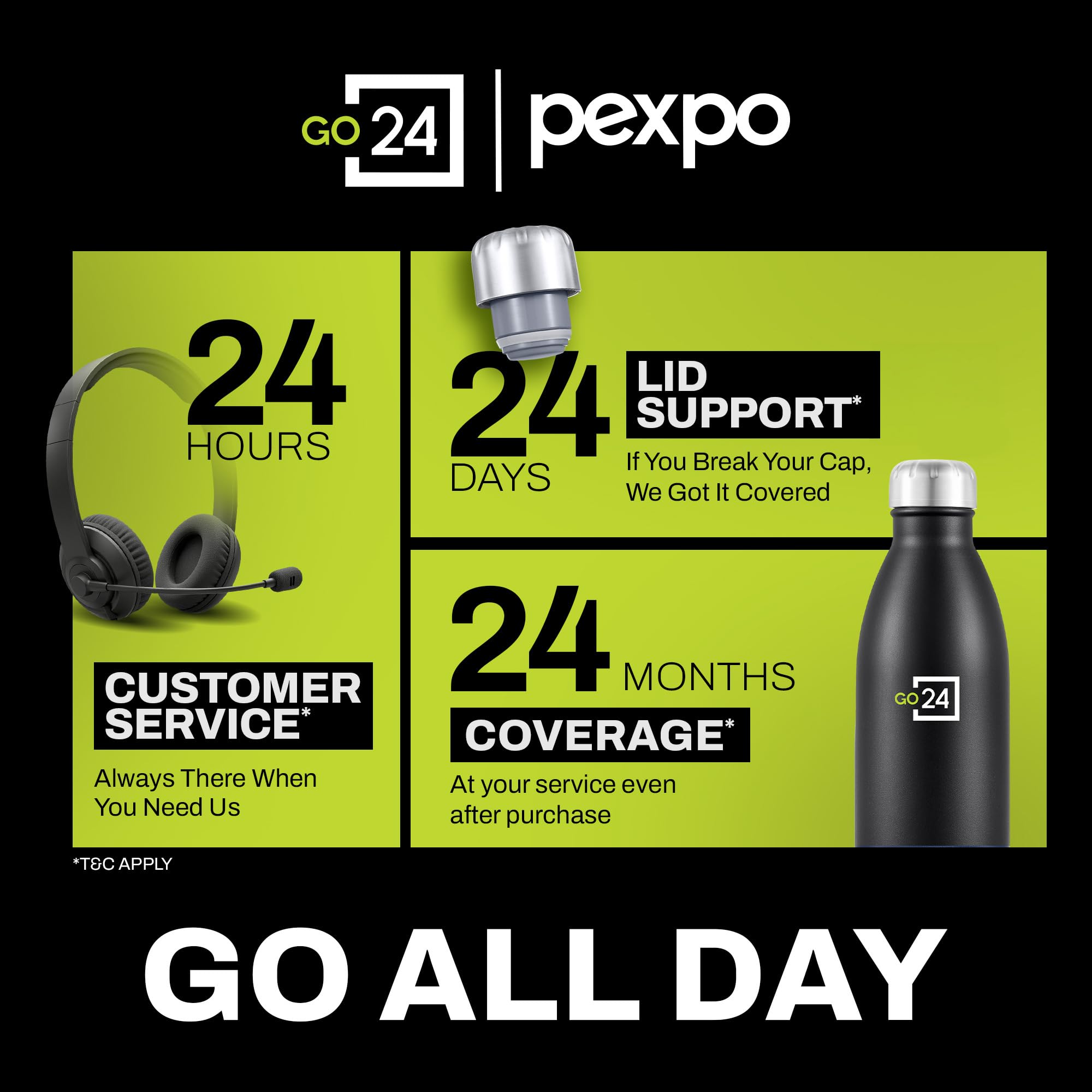 Go24 pexpo Stainless Steel Water Bottle Electro Knight Black 1750ml 1