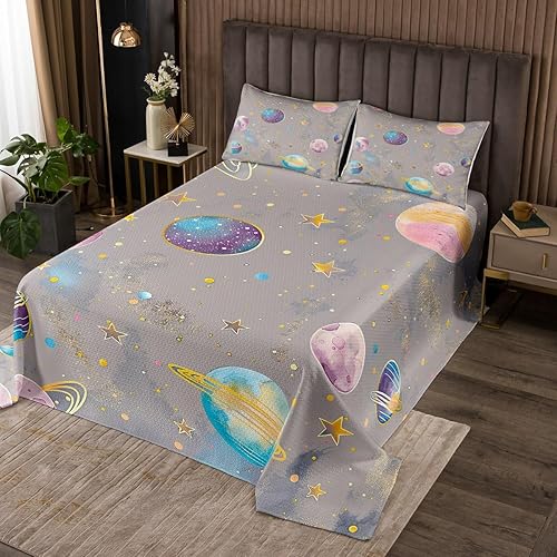 Juego de colcha colorida de galaxia tamaño Queen para niños, niñas y niños, juego de edredón de cielo estrellado de ensueño con planetas arcoíris,