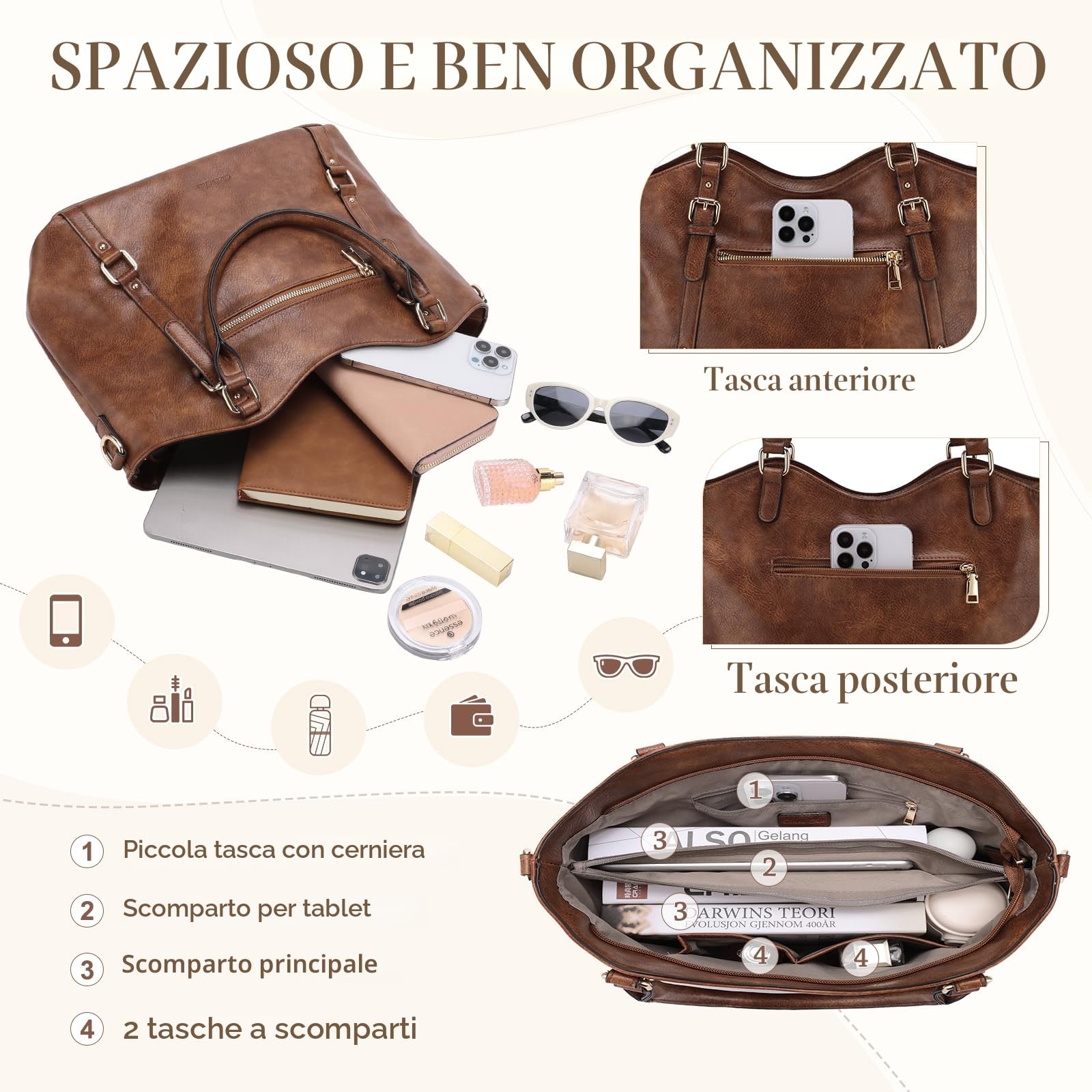 Chase Chic Borsa Donna, Grande Elegante Borse a Mano Tracolla Moda Pelle PU Hobo Tote Clutch Borsette con Tracolla Staccabile