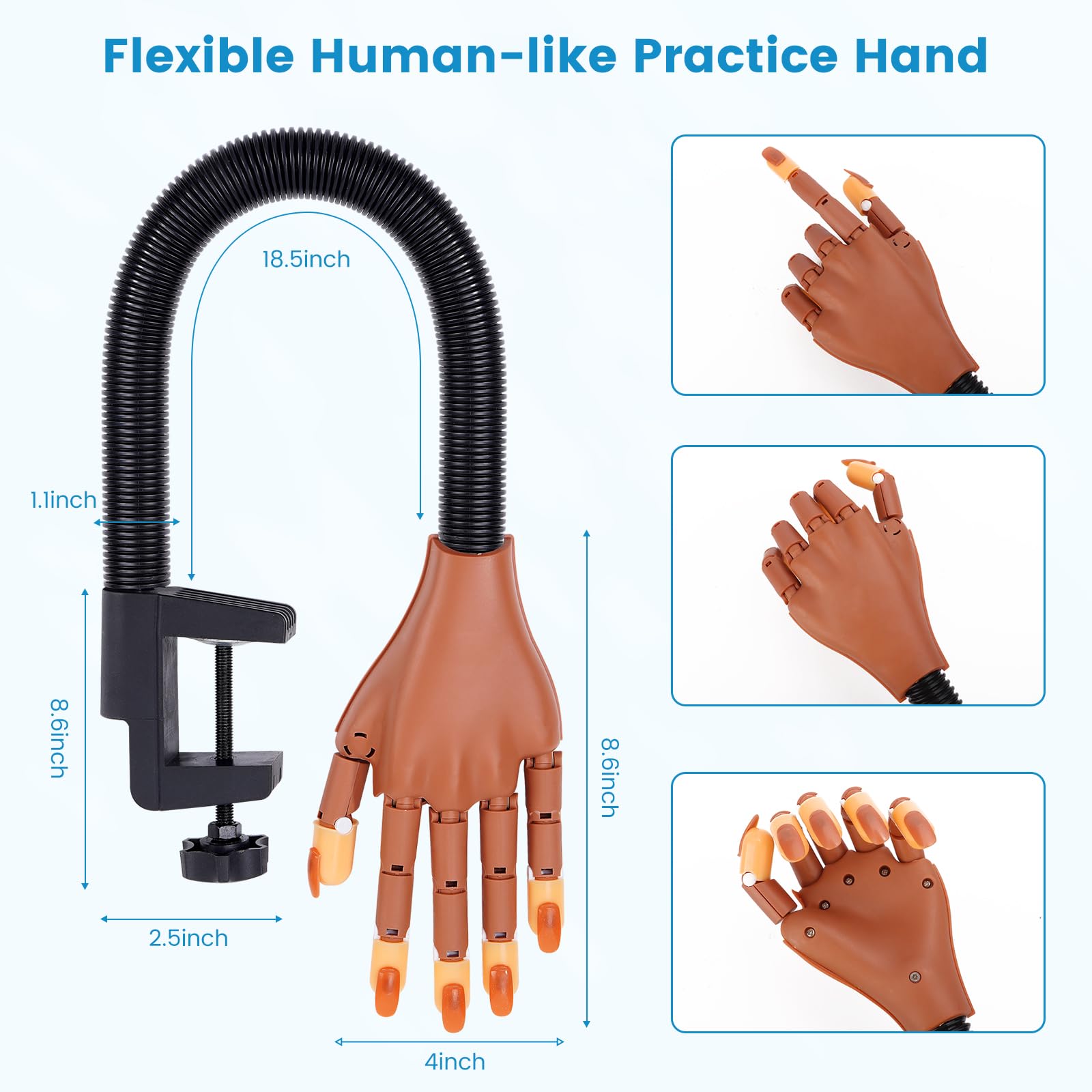 Wilfniee Mano magnetica pratica per unghie acriliche: mano flessibile per praticare unghie finte, kit manicure per principianti, marrone