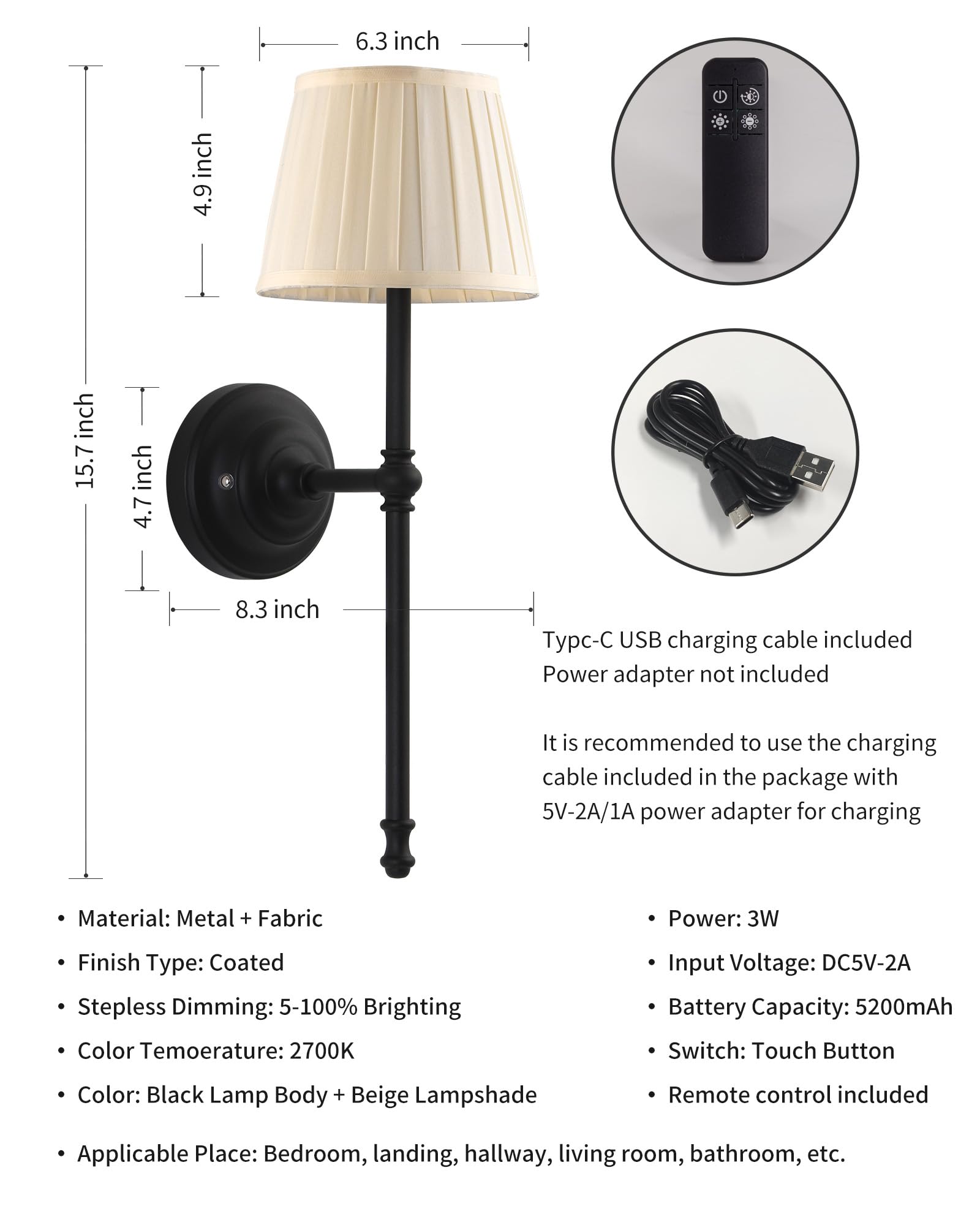 Lampada da Parete Ricaricabile 2 Pezzi, Lampada da Parete a LED in Tessuto cCon Batteria Ricaricabile, Illuminazione Dimmerabile Con 5200 mAh E Telecomando Wireless Per Interno (Nero)
