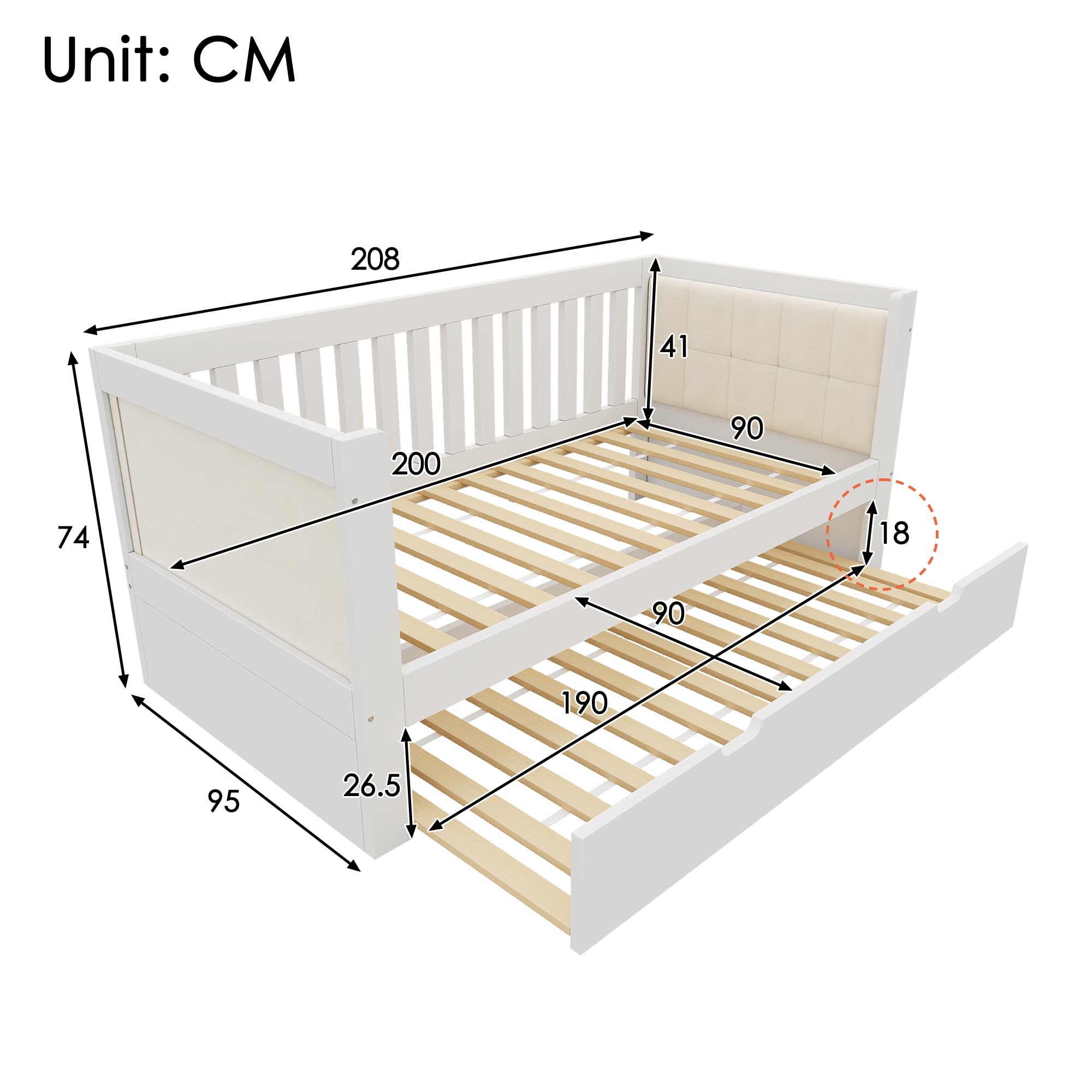 Soweiz Sofá cama blanco, madera, con reposabrazos redondeados, respaldo cómodo, perfecto para apartamentos pequeños, fácil montaje, sin colchón (90 x 200 cm con cama nido)