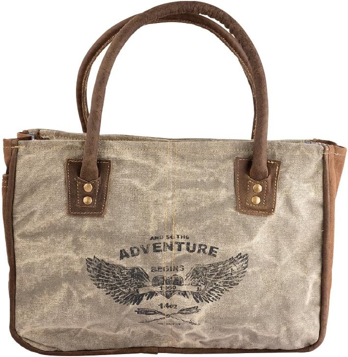 Clea Ray Recycled Beige Canvas Brown Leather"Adventure" Small Zippered Tote Handbag Purse Boho Print, 13 x 9 Inches