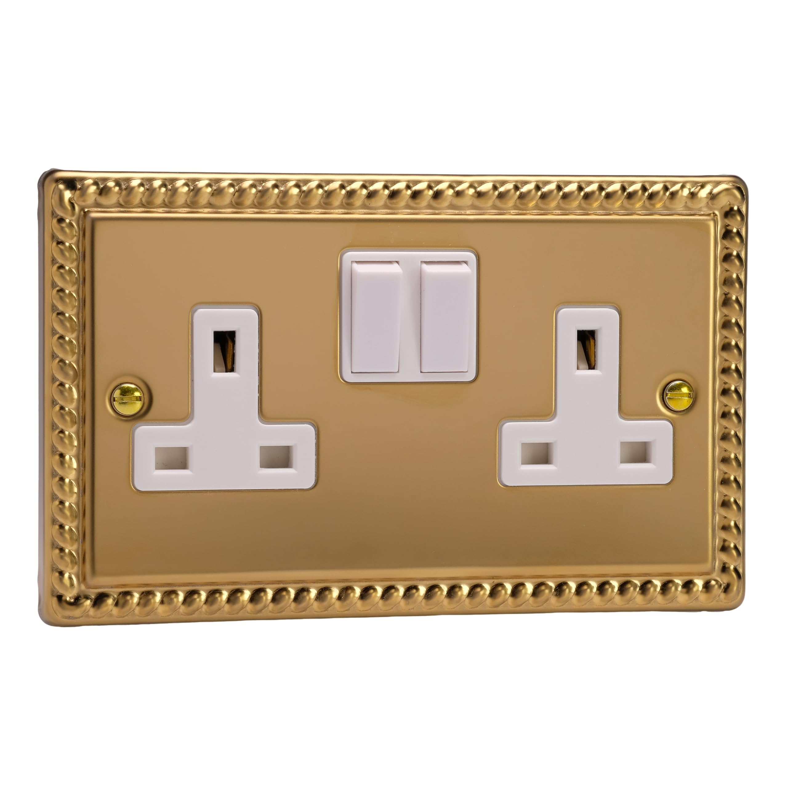 13A Socket Brass 2-Gang 2 Pole Classic Georgian + White Insert Varilight XG5W