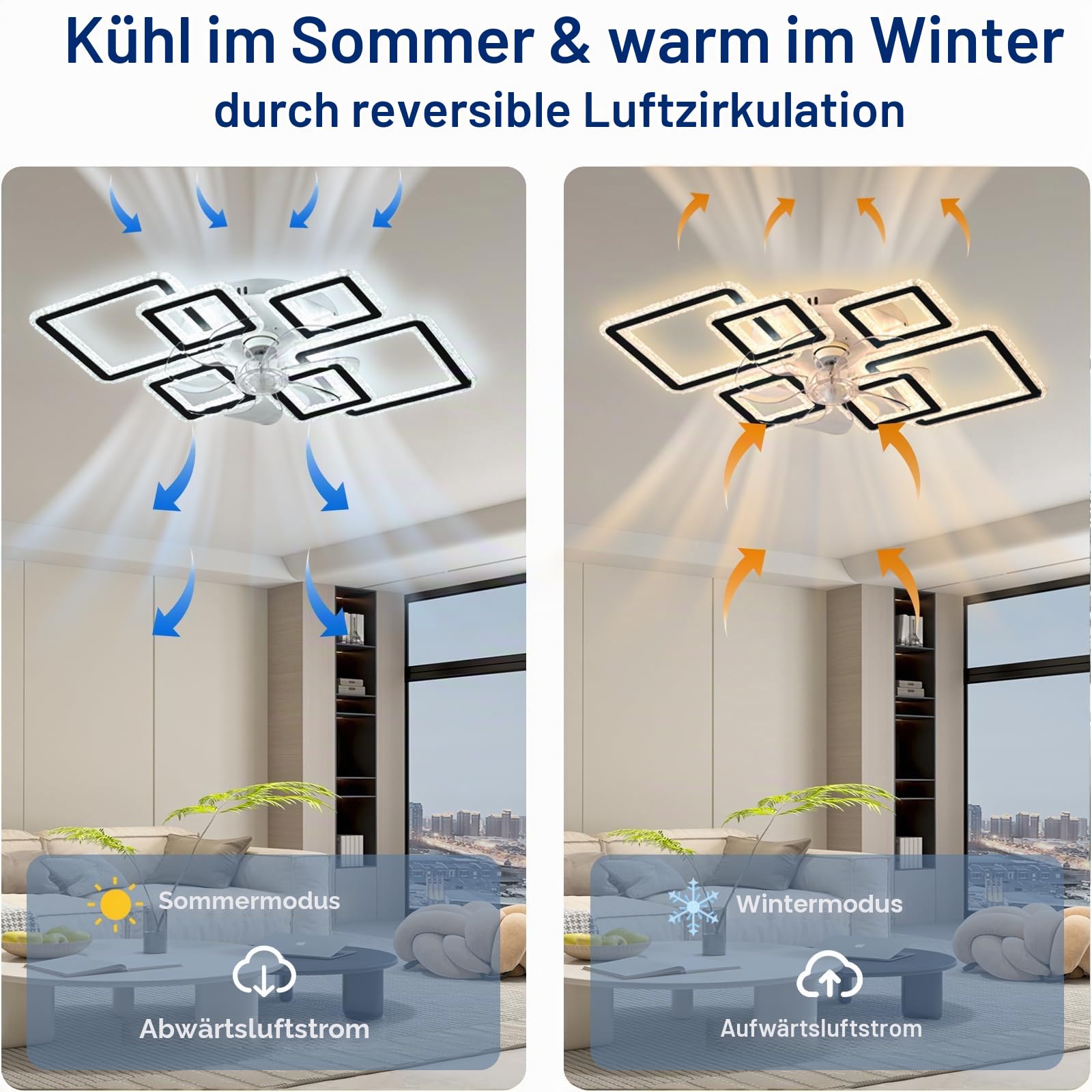 Inrosy Lampe mit Ventilator und Fernbedienung, 84cm Moderne Deckenlampe