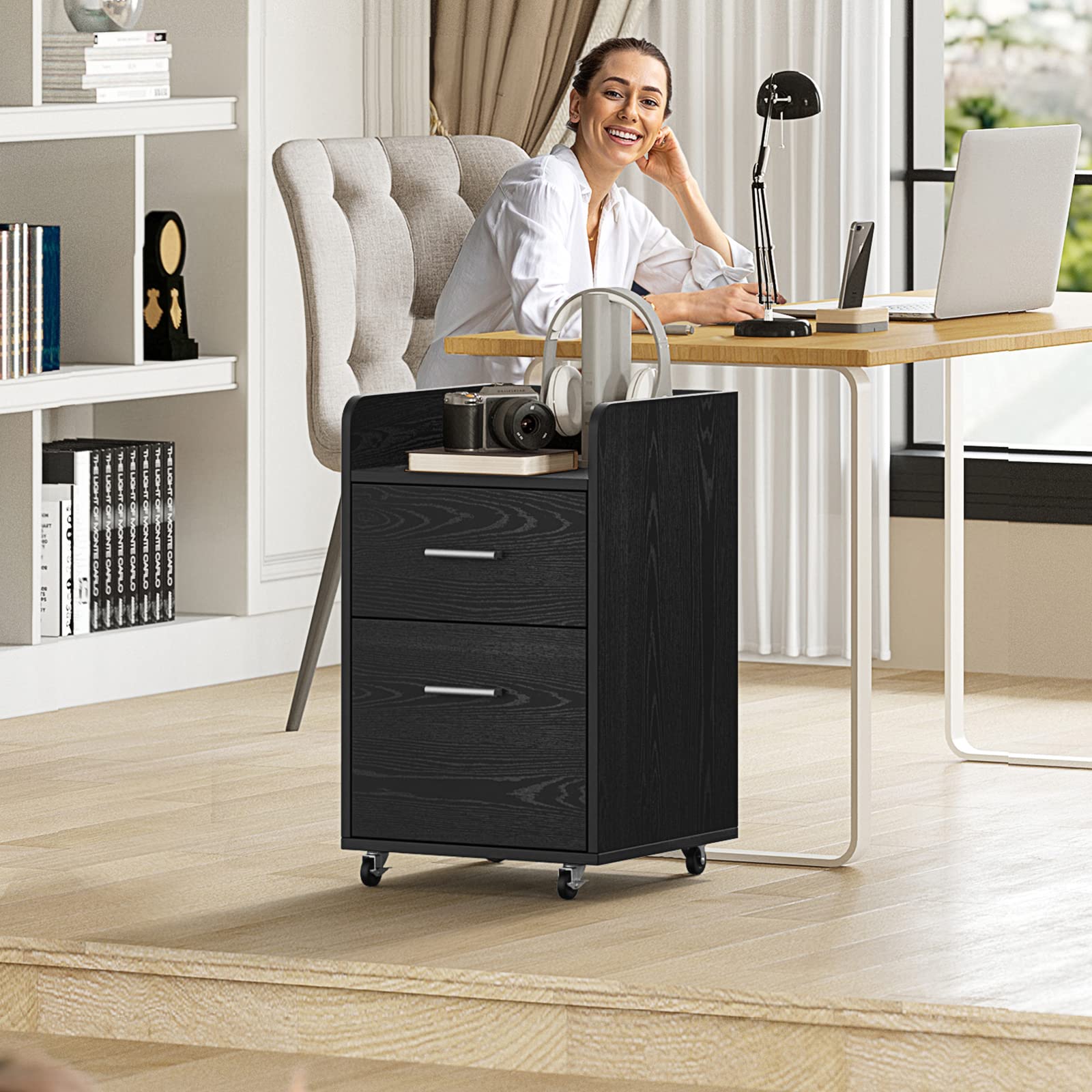 black file cabinet with wheels