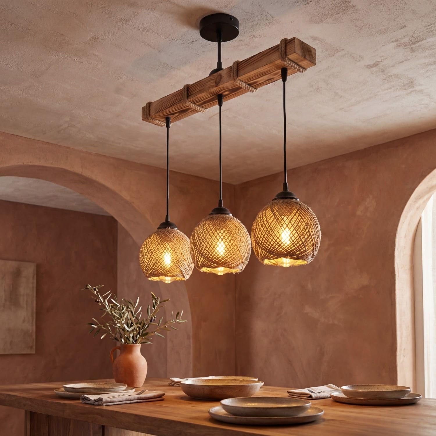 Licht-Erlebnisse Hängelampe Balken 49 cm breit H: max. 110 cm geflammtes Holz Balken Jute E27 3-flammig Modern Pendelleuchte Esszimmer Wohnzimmer