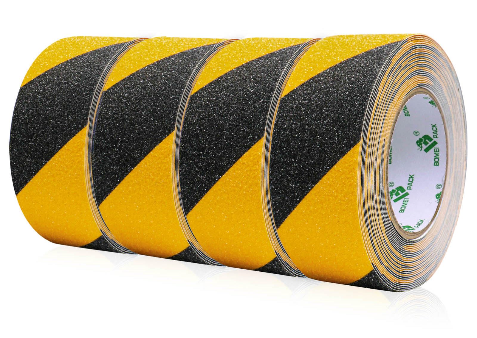BOMEI PACK Lot de 4 rouleaux de ruban adhésif antidérapant de 5 cm x 10 m, noir, jaune, ruban adhésif de sécurité puissant pour l'intérieur et l'extérieur