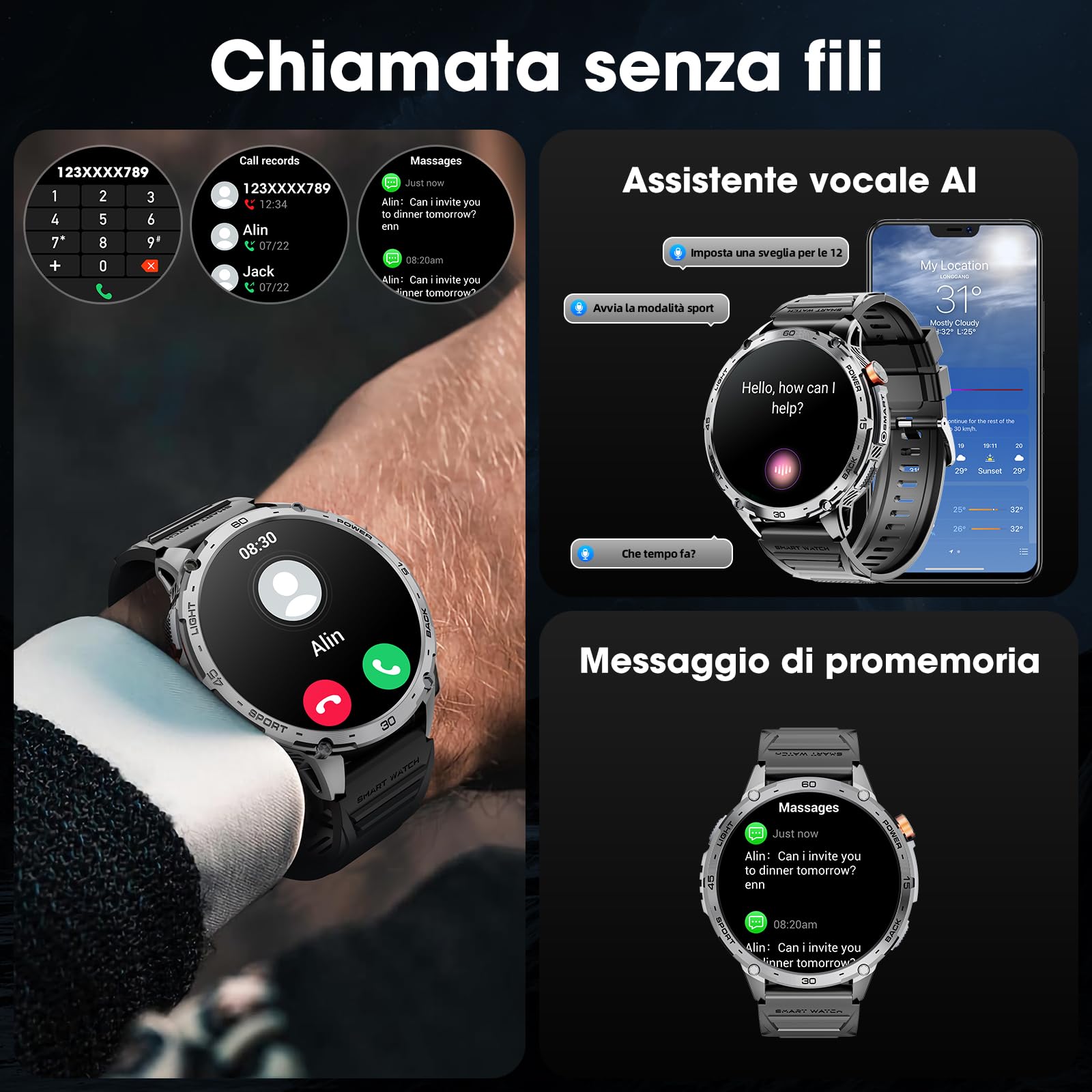 Smartwatch Uomo 1.75" HD AMOLED 730mAh Orologio Smartwatch con Torcia LED Militare Smartwatch Compatibile iOS Android (Risposta alle Chiamate Bluetooth) Smart Watch con Sonno/Cardiofrequenzimetro