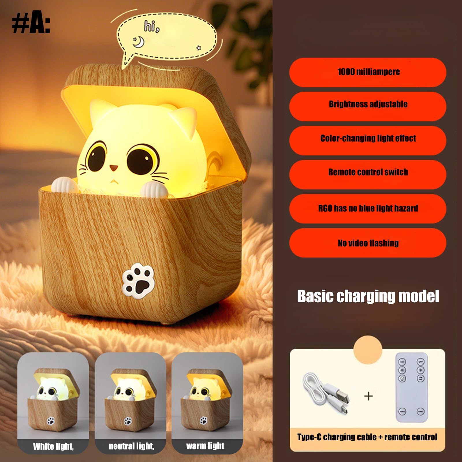 Lámpara de noche con tema de gatos interactivos juguetones con modos de luz ajustables Operaciones silenciosas Luz decorativa Textura de Lámpara de noche divertida para mascotas