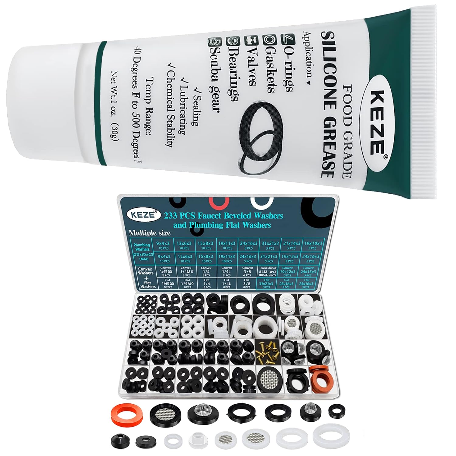 KEZE 233 pcs Bevel Washer and Plumbing Flat Head Washers Assortment Kit