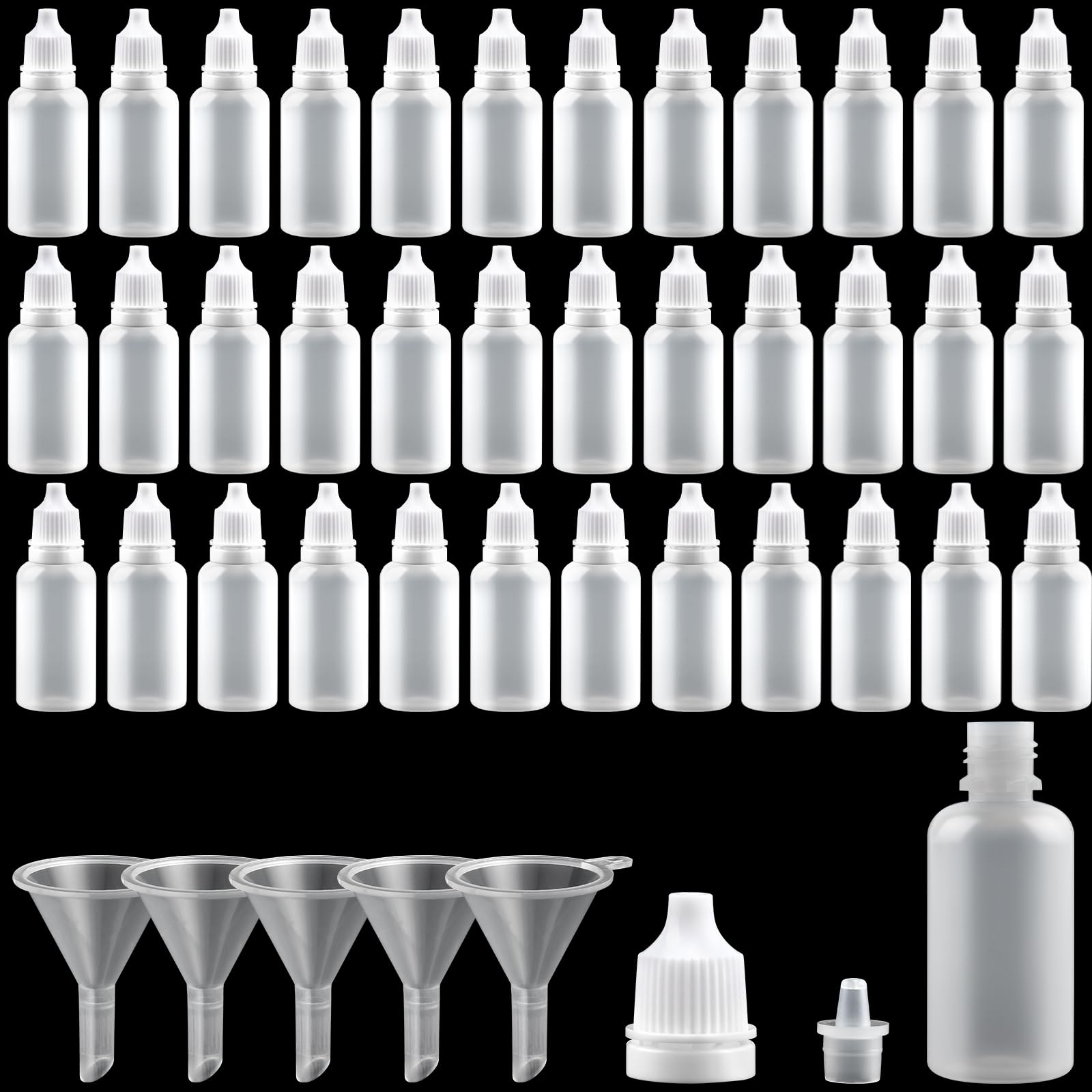 Muiltvoe 100 Pcs 20ml Dropper Bottles,Plastic Translucent Squeeze Bottles with Caps & 5 Funnels, Eye Liquid Empty Drop Bottles for Paint Sample Essential Oil Liquid