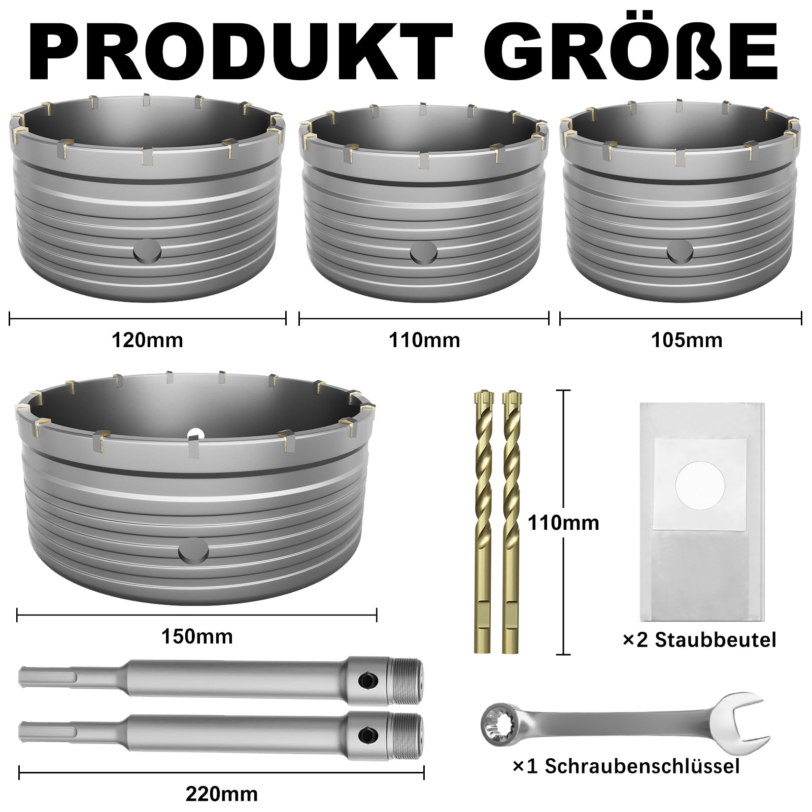 Zestaw korony wiertniczej 105/110/120/150 mm wraz z adapterem SDS-Plus (220 mm × 2), 2 x wiertło centrujące, z kluczem płaskim i workiem chroniącym przed kurzem – do muru, betonu, kamienia naturalnego