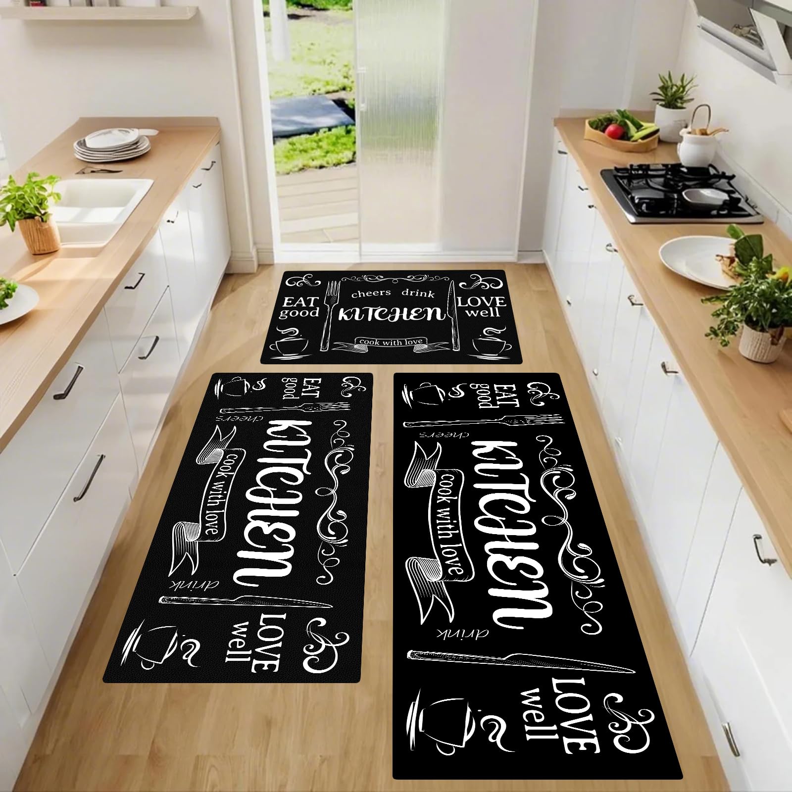 Kitchen Mats for Floor, Non Slip Washable Kitchen Rugs Sets of 3, Black Farmhouse Cushioned Stain Resistant Kitchen Runner Rug for Kitchen Floor, Laundry Room, Bathroom, Entryway Carpet Decor