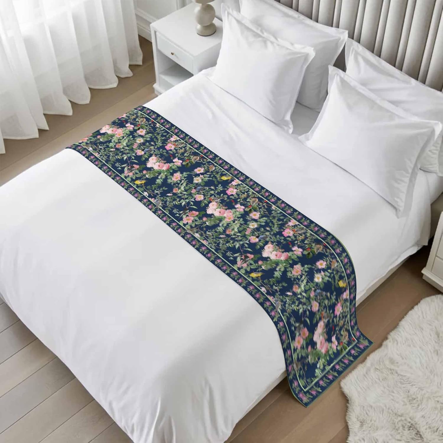 Navy Blue Flowers Bed Runners for Cal King Size Bed, Decorative Bed Throws for Foot of Bed, Spring Floral Elegant Pastoral Botanical Bed Runner Sofa Throw Bedding Scarf Protector Slipcover for Bedroom
