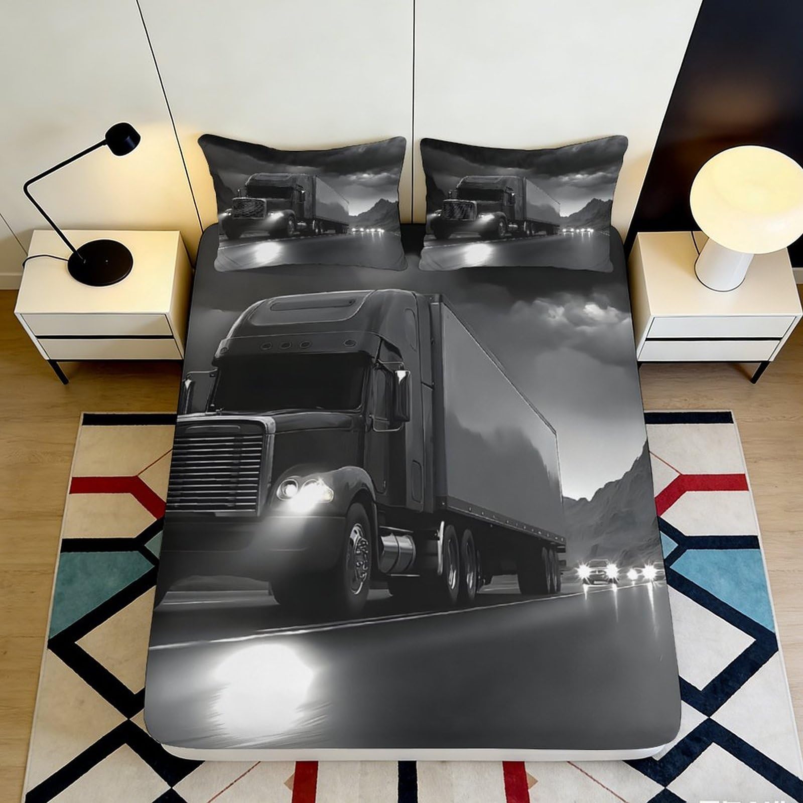 3D Printed Black Truck Fitted Sheet Microfiber Soft Breathable Night Highway Bed Cover for Bedroom Dormitory Guest Room Mattress Protection Decor 160x200x25cm