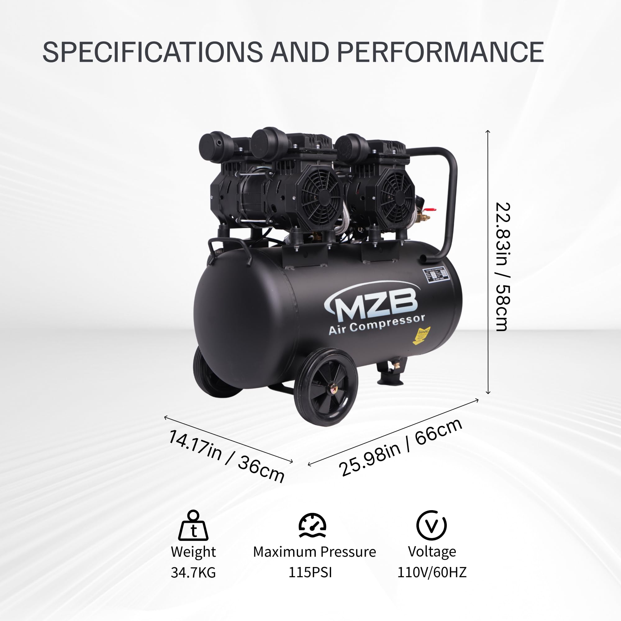 MZB - Compresor de aire ultra silencioso de 13 galones, tanques de acero de 115 PSI, nivel de ruido, compresor de aire sin aceite