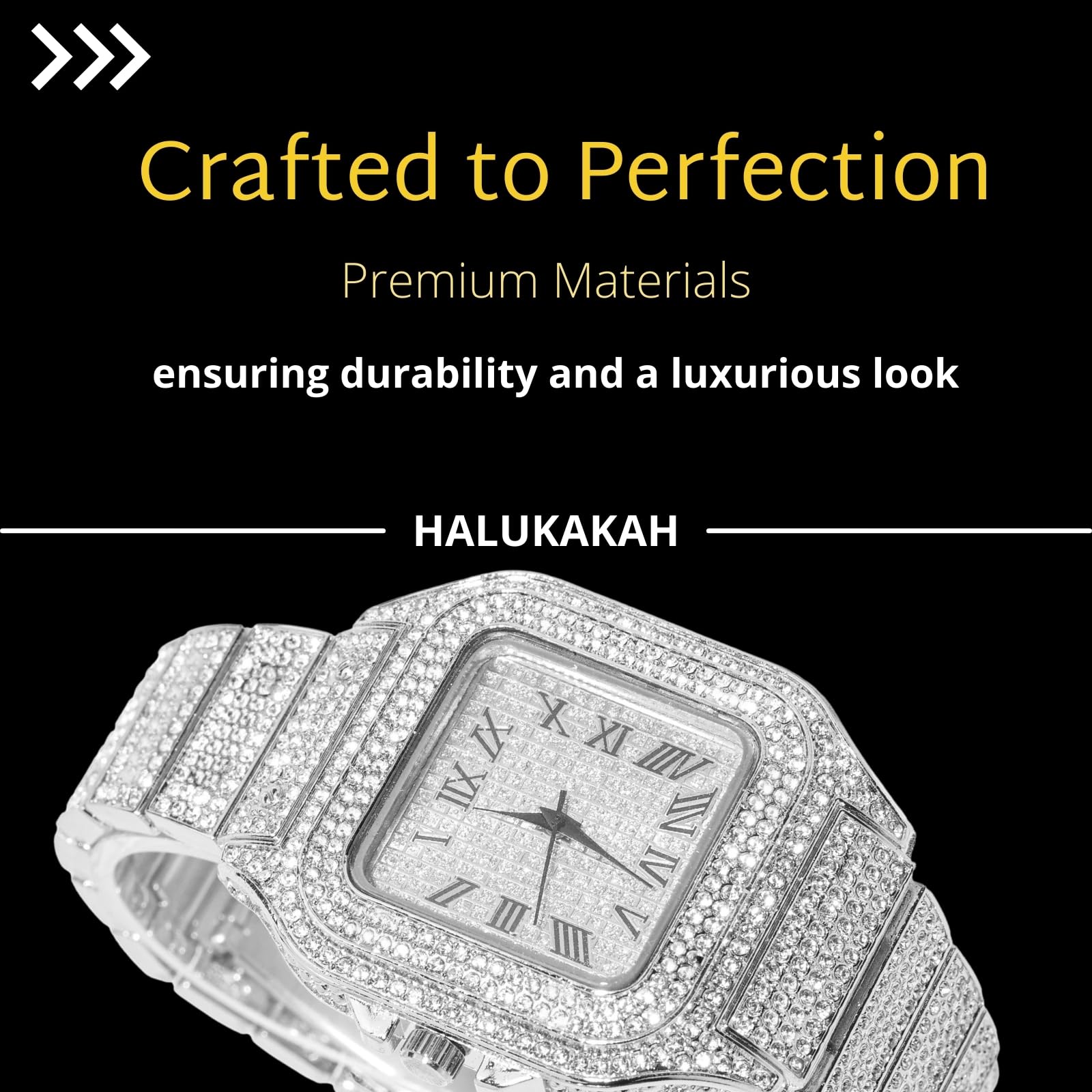 Halukakah Diamentowy złoty zegarek Iced Out dla chłopców – 18 K prawdziwe złoto/platynowana platyna, 40 mm kwadratowy cyferblat, japoński mechanizm kwarcowy - długość 20 cm - opcjonalnie z łańcuszkiem