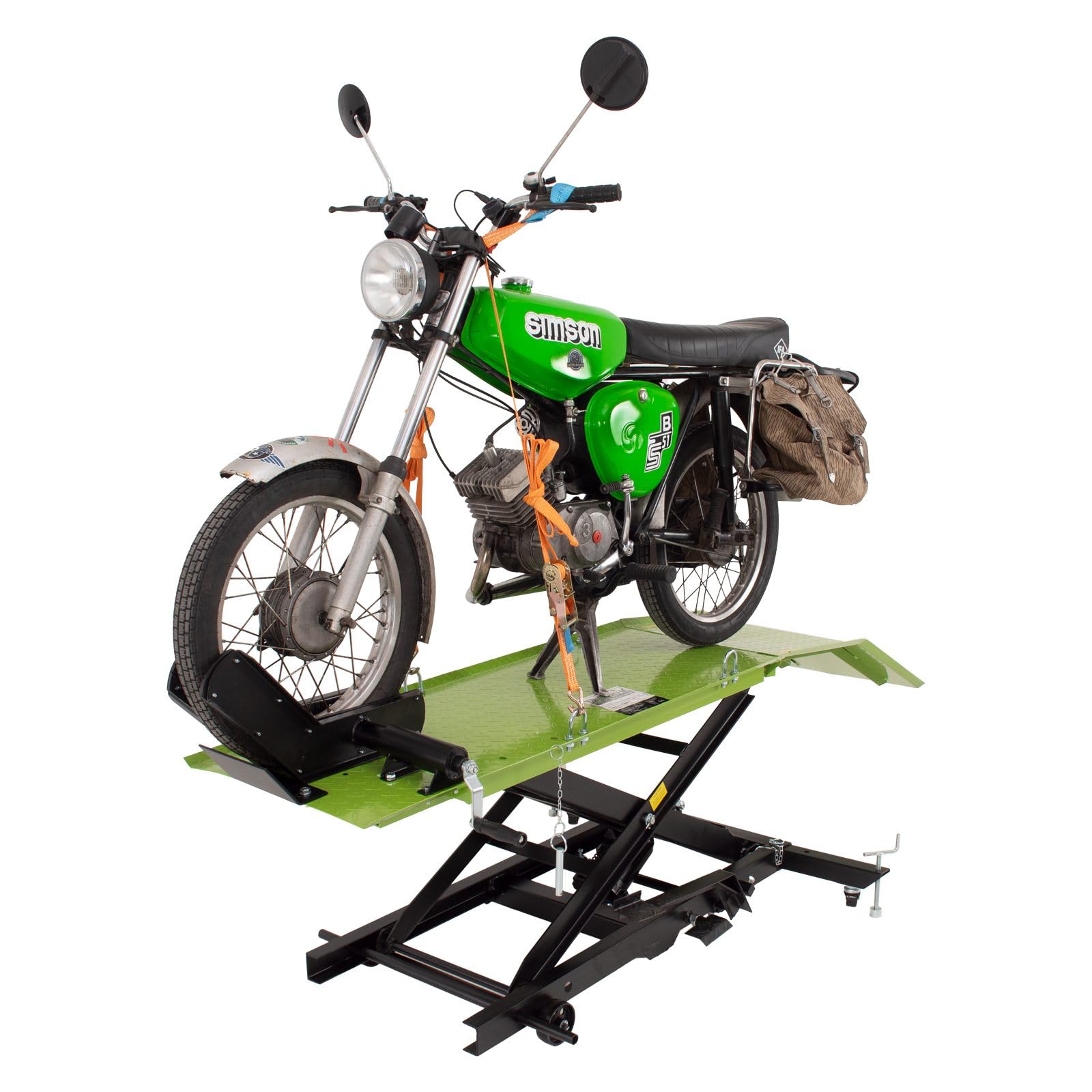 TRUTZHOLM Motorradhebebühne hydraulisch Tragkraft 360 kg kleiner Motorradheber Hubbereich 18-83 cm Nutzbreite 50 cm abnehmbare Auffahrrampe 4 Halteösen 45° Vorderradklemmung Scherenheber Moped in grün