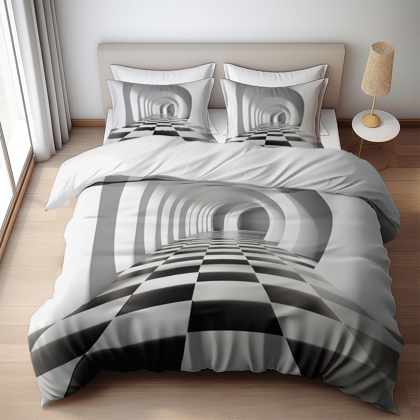 Black and White Bedding Sets Optical Illusion Tunnel Print Duvet Cover Set, Comforter Cover Full Size Soft Breathable Reversible 3-Piece Bedding for Kids Teens