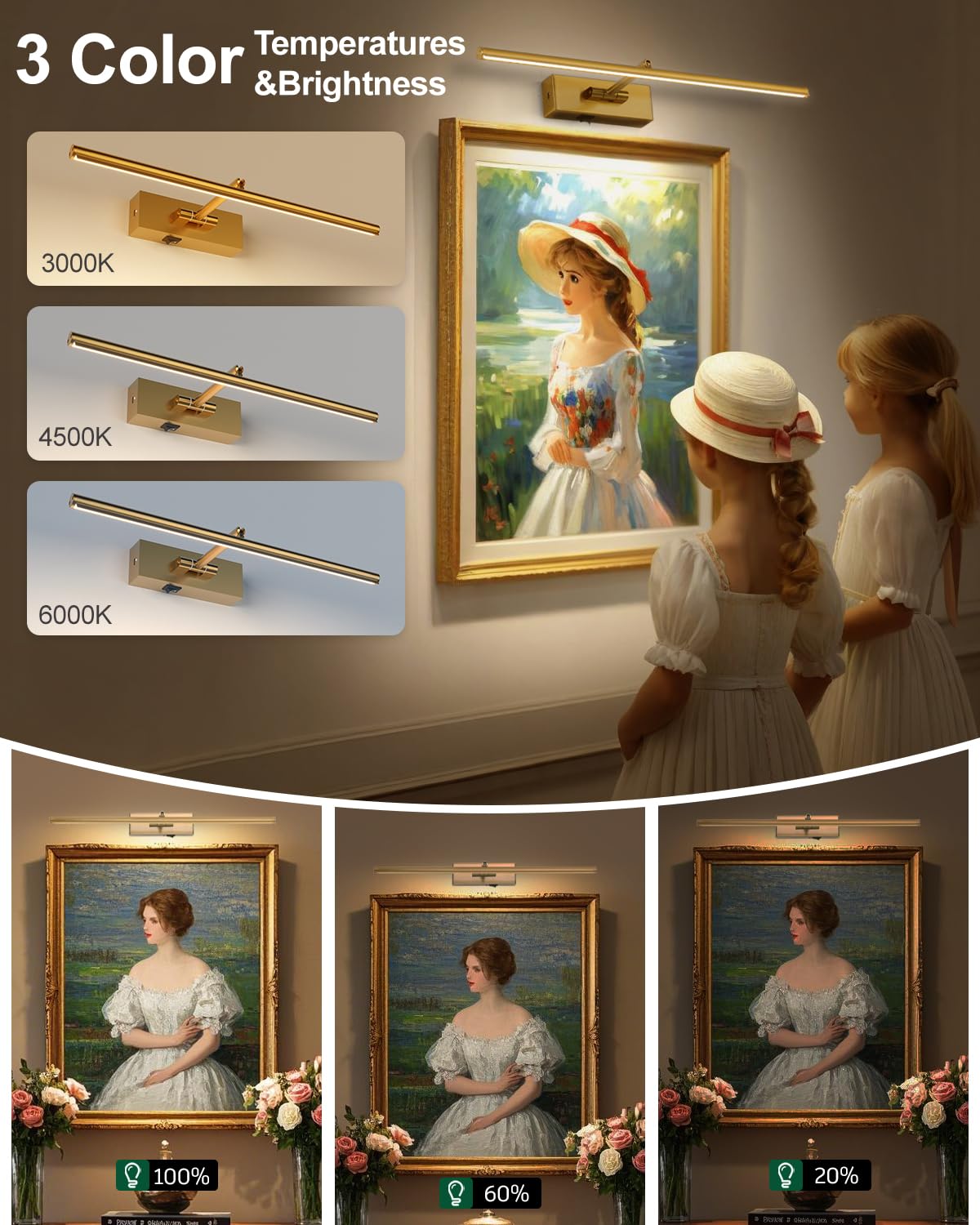 Lampe murale dorée à piles avec télécommande sans fil 3CCT à intensité variable pour peintures, 3 couleurs, rechargeable, décoration de galerie, éclairage d'œuvre d'art pour fonction minuterie de