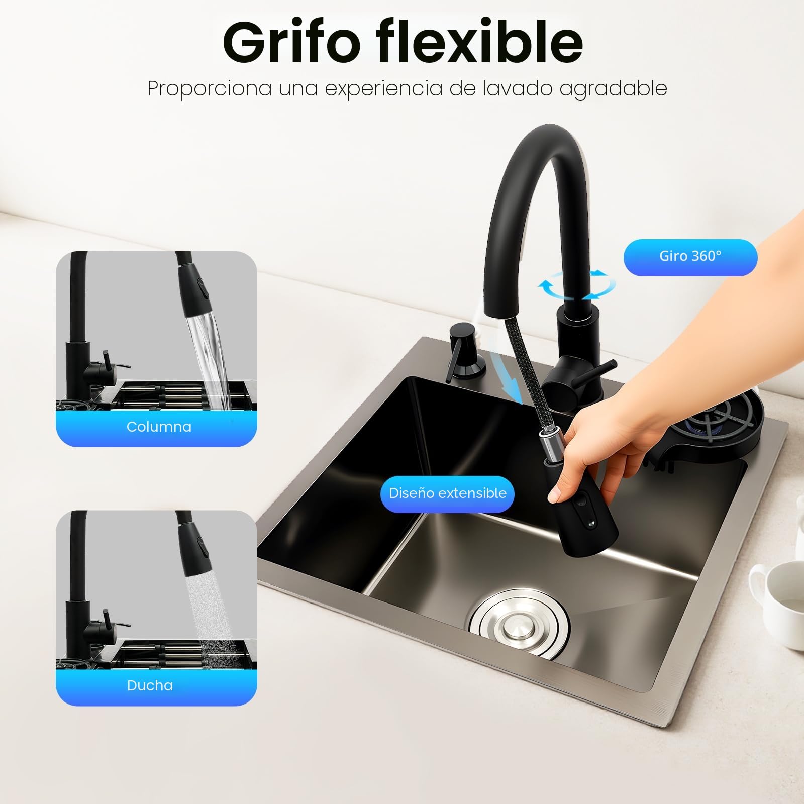 Fregadero de acero inoxidable de 45 x 40 cm, color negro, con grifo extraíble y lavavajillas para tazas, fregadero de cocina multifuncional, 1 lavabo, incluye tubo de drenaje, dispensador de jabón