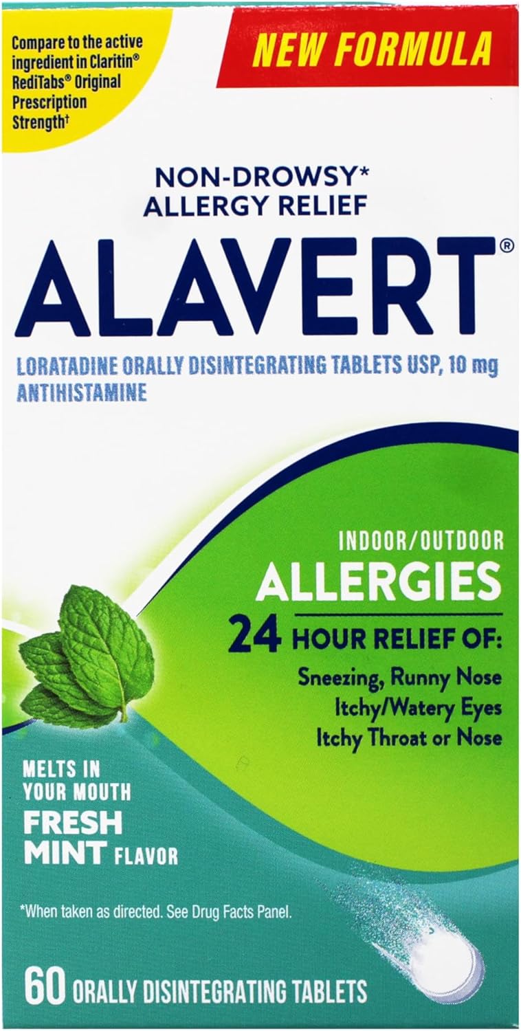 Alavert Allergy 24-Hour Relief, Flavor Orally Disintegrating Tablets, Non-Drowsy, Antihistamine, Fresh Mint, 60 Count
