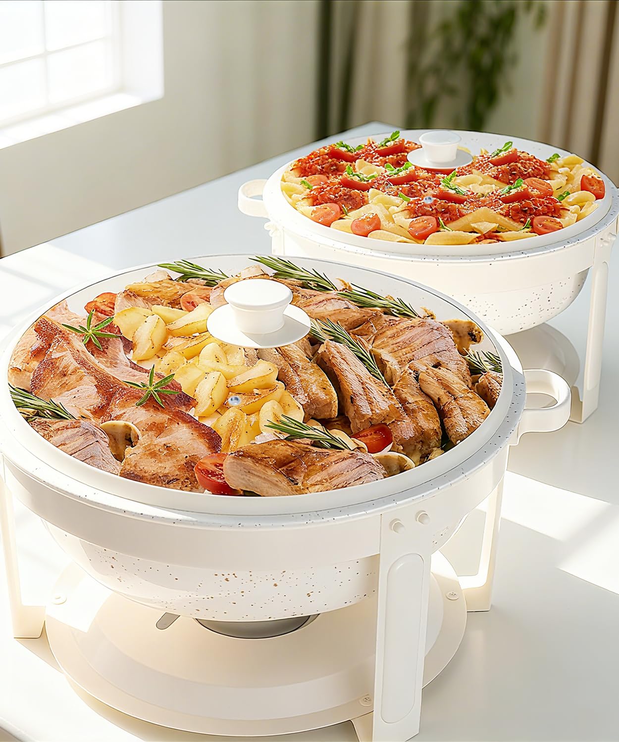 IMACONE Maifanite-Coated Chafing Dishes for Buffet of 2, White Chafing Dish Buffet Set, 5.3QT Stainless Steel Chafer Set, Roll Edge Food Warmers for Parties, Wedding, Birthday, Church Events, Catering