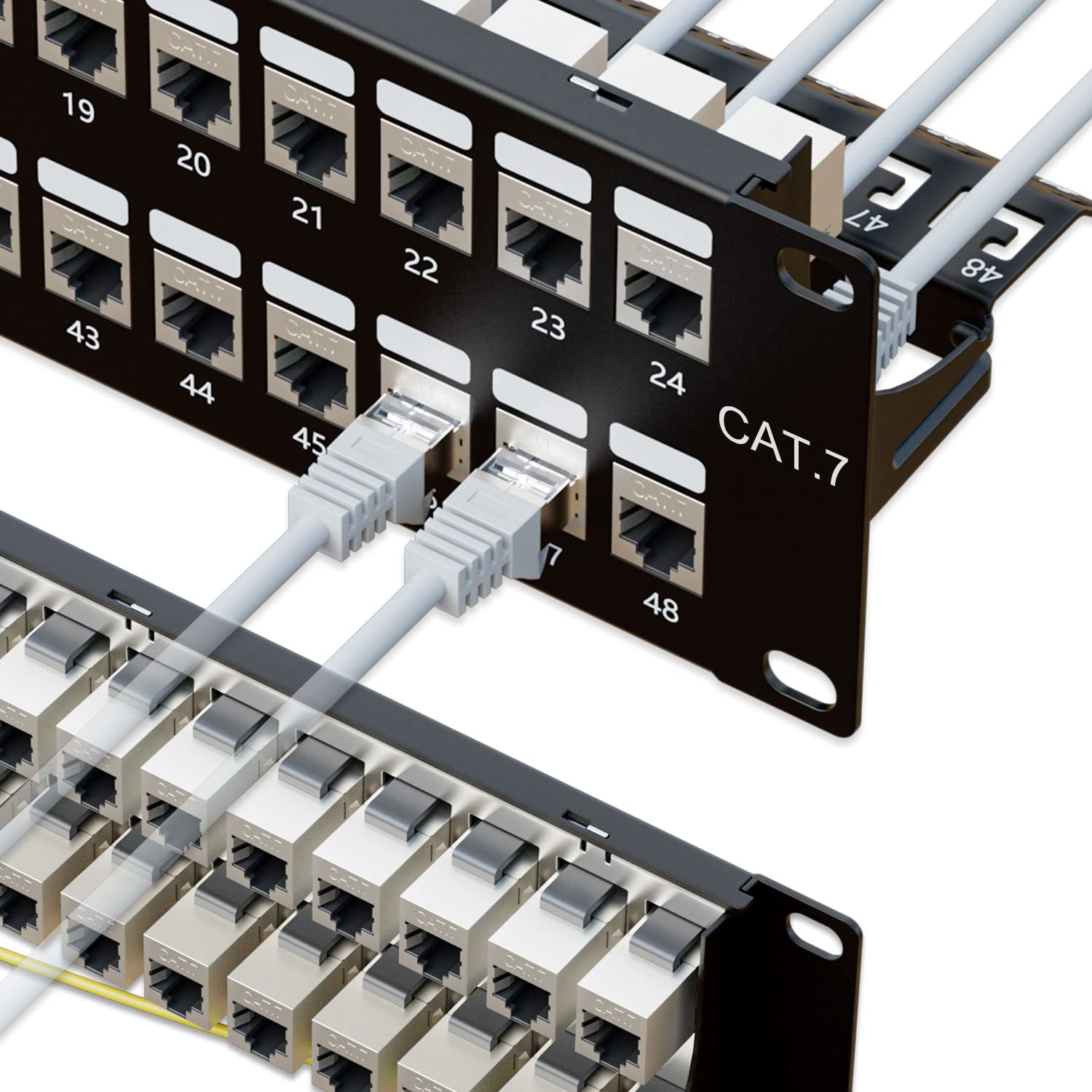 Iwillink Pannello patch Cat7 da 10 Gbps a 48 porte, accoppiatore passante RJ45 2U Patch Panel STP schermato da 48 pollici con barra posteriore, montaggio a parete o montaggio a rack, compatibile con