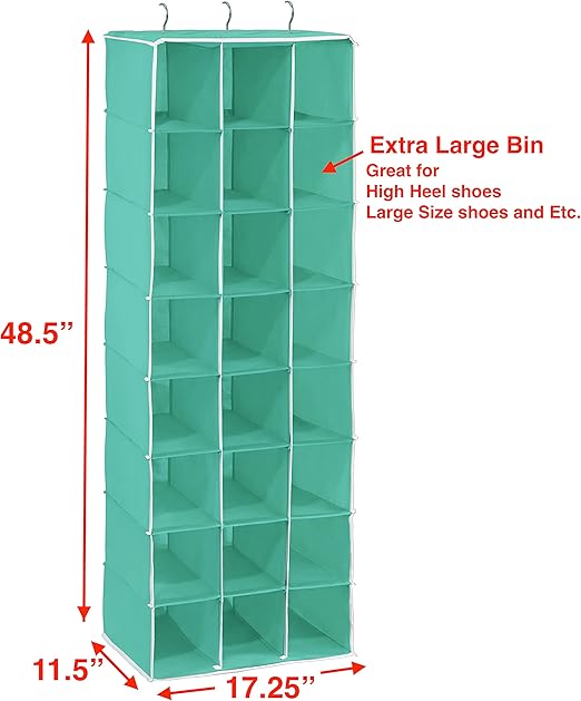 Not just limited to shoes, this versatile organizer can also store accessories, clothing items, or toys with its multiple compartments. The compact and lightweight design makes installation effortless, allowing you to maximize closet space. The vibrant turquoise color adds a pop of color to your closet, enhancing its overall aesthetics. Invest in this practical, stylish, and sturdy hanging closet organizer to keep your belongings organized and within arm's reach for years to come.