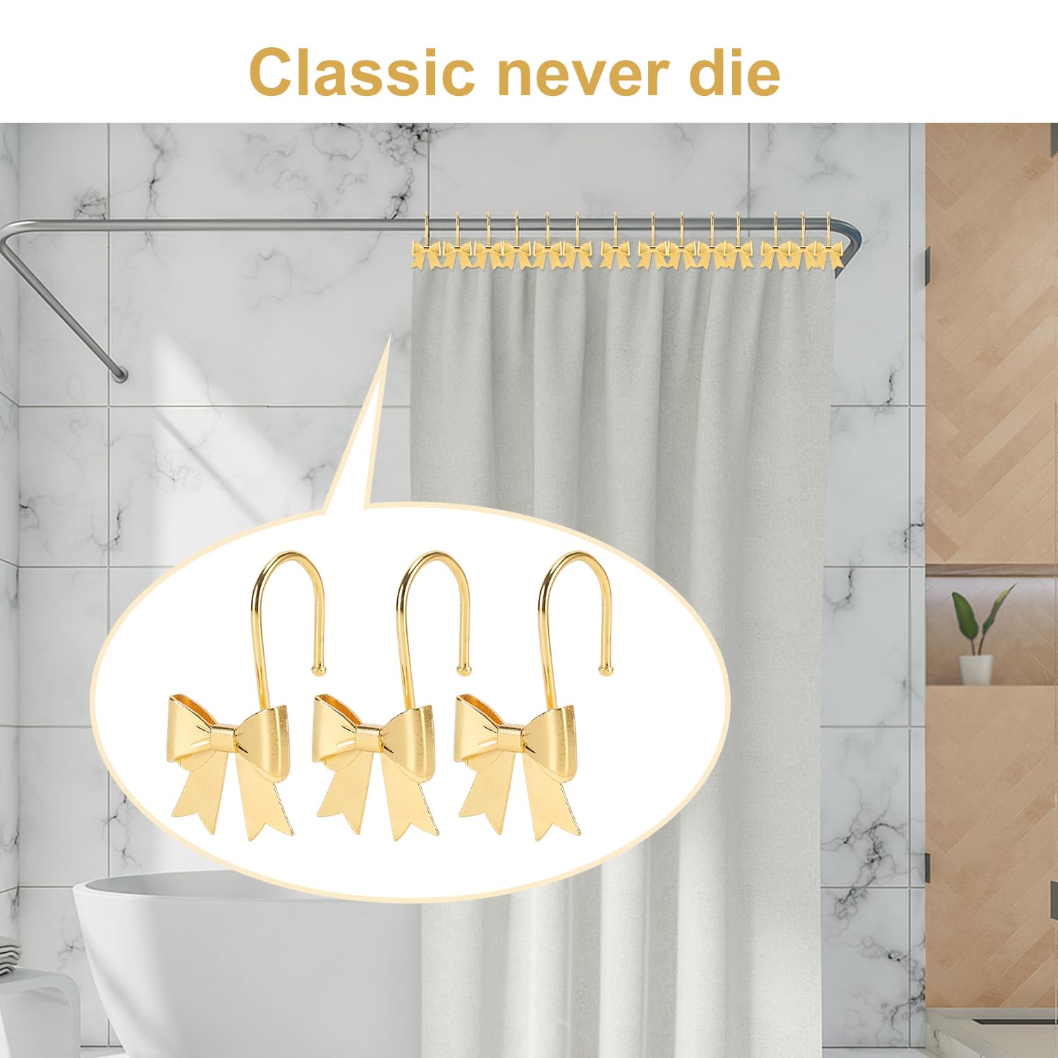 YanKiTour Bow Shower Curtain Hooks, 12 Pack Metal Decorative Rings, Rustproof Bow Knot Design for Bathroom Bedroom Living Room Baby Room Nursery Art Decor (Gold 1)