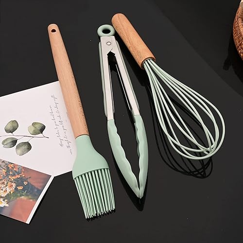 Miniatura 9 de JASHII Juego de utensilios de cocina de silicona verde claro con mango de madera, 12 piezas de utensilios de cocina, antiadherentes, resistentes al