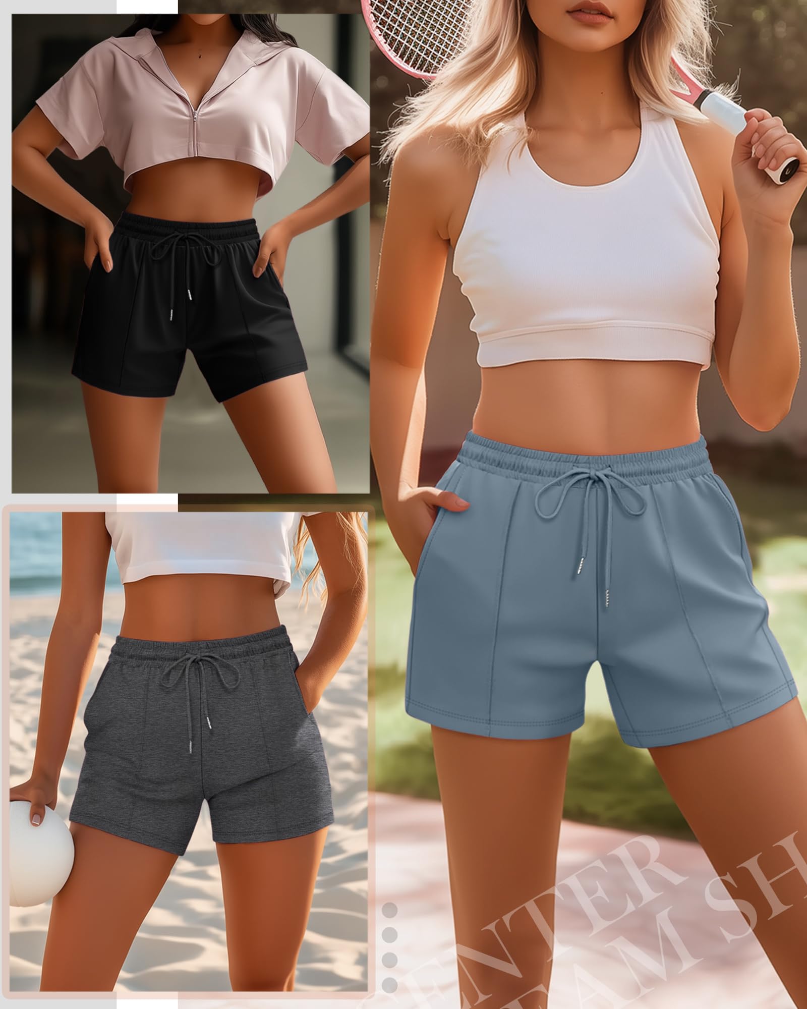 Neer Lot de 3 shorts de survêtement pour femme, short athlétique décontracté avec cordon de serrage, pantalon court d'été ample et uni avec poches