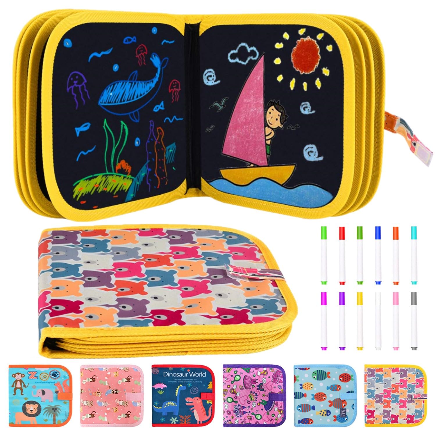 Libro Da Colorare Ad Acqua Riutilizzabile - 14 Pagine Con 12 Penne - Gioco Educativo Per Bambini - Foto 2