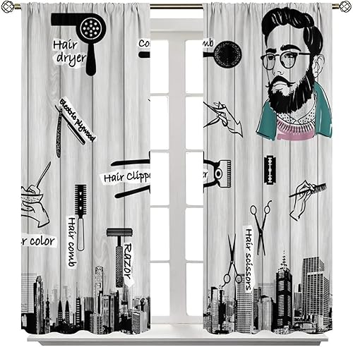 Miniatura 8 de Cortinas opacas con patrón de salón de belleza, con bolsillo para barra, rústico, abstracto, peluquería, juego de tratamiento de ventana impreso en