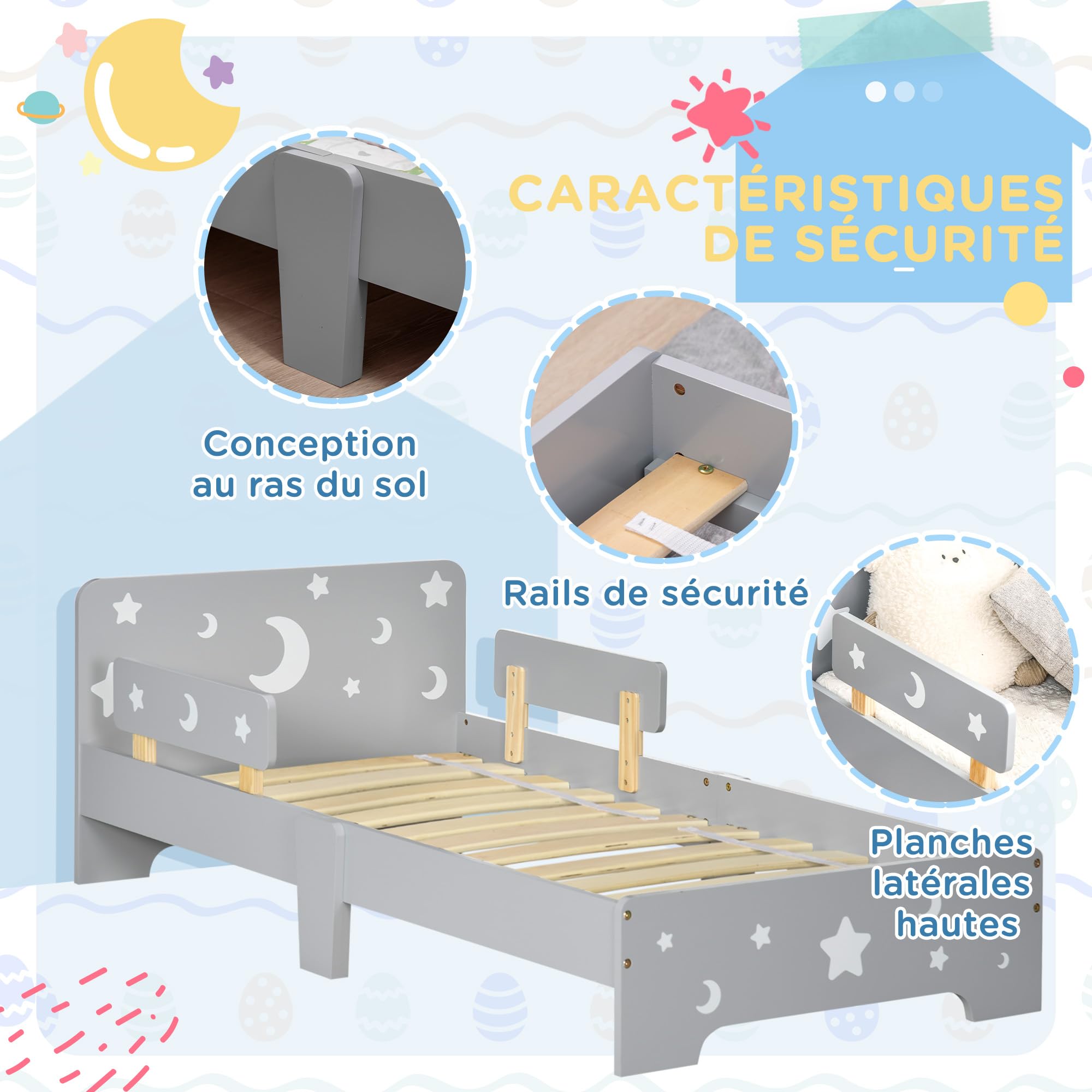ZONEKIZ Lit pour Enfants 3 à 6 Ans Design Étoiles et Lune 143 x 76 cm Gris