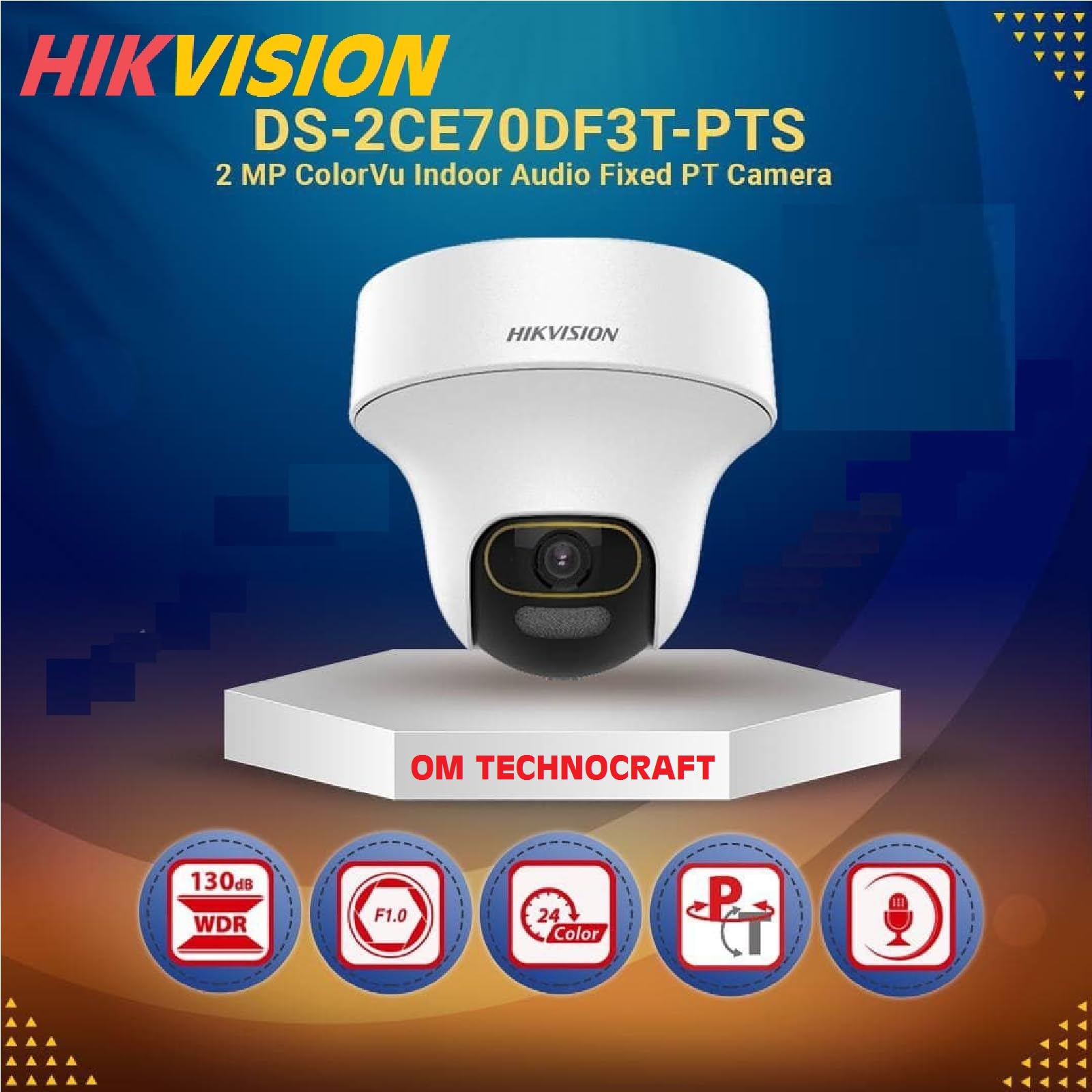 HIKVISION 2MP ColorVu Audio PT 360° Built-in Mic IR White Light with Solid Light Alarm Motion Detection 2MP HD Indoor CCTV Camera [DS-2CE70DF3T-PTS] for 2MP & Above DVR + BNC/DC, White — Amazon image 5
