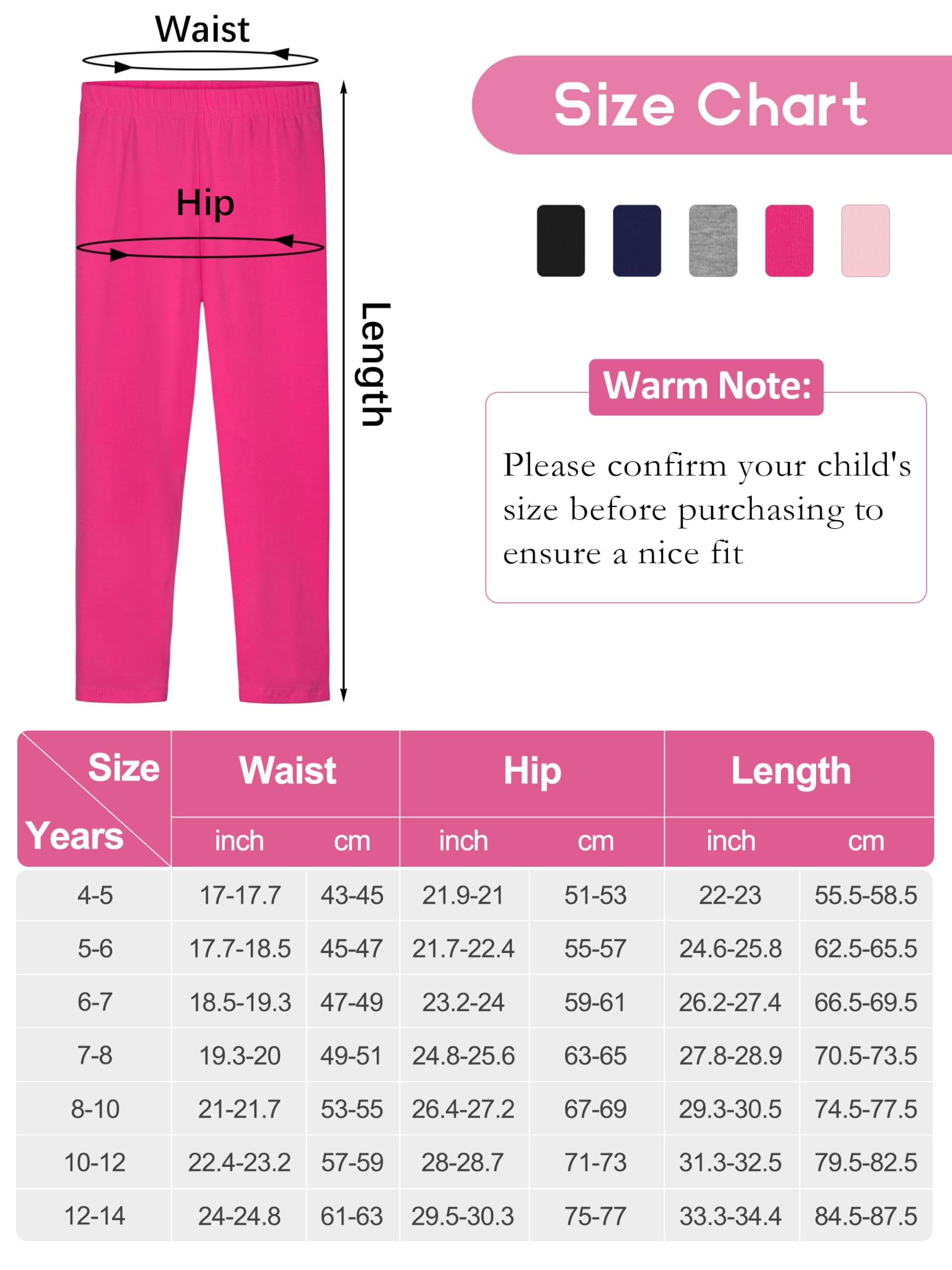 Paquete de 5 leggings de algodón para niñas, longitud completa, suaves, cómodos, cintura elástica, pantalones sin pies
