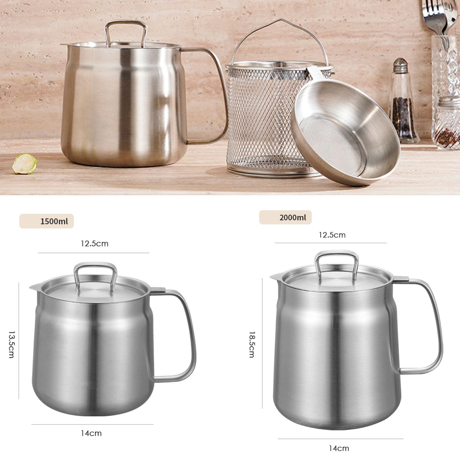 Olla coladora de aceite 2 en 1 de acero inoxidable 304, recipiente de filtro multifuncional grande con cesta de freír para cocinar, drenar y almacenar aceite de cocina