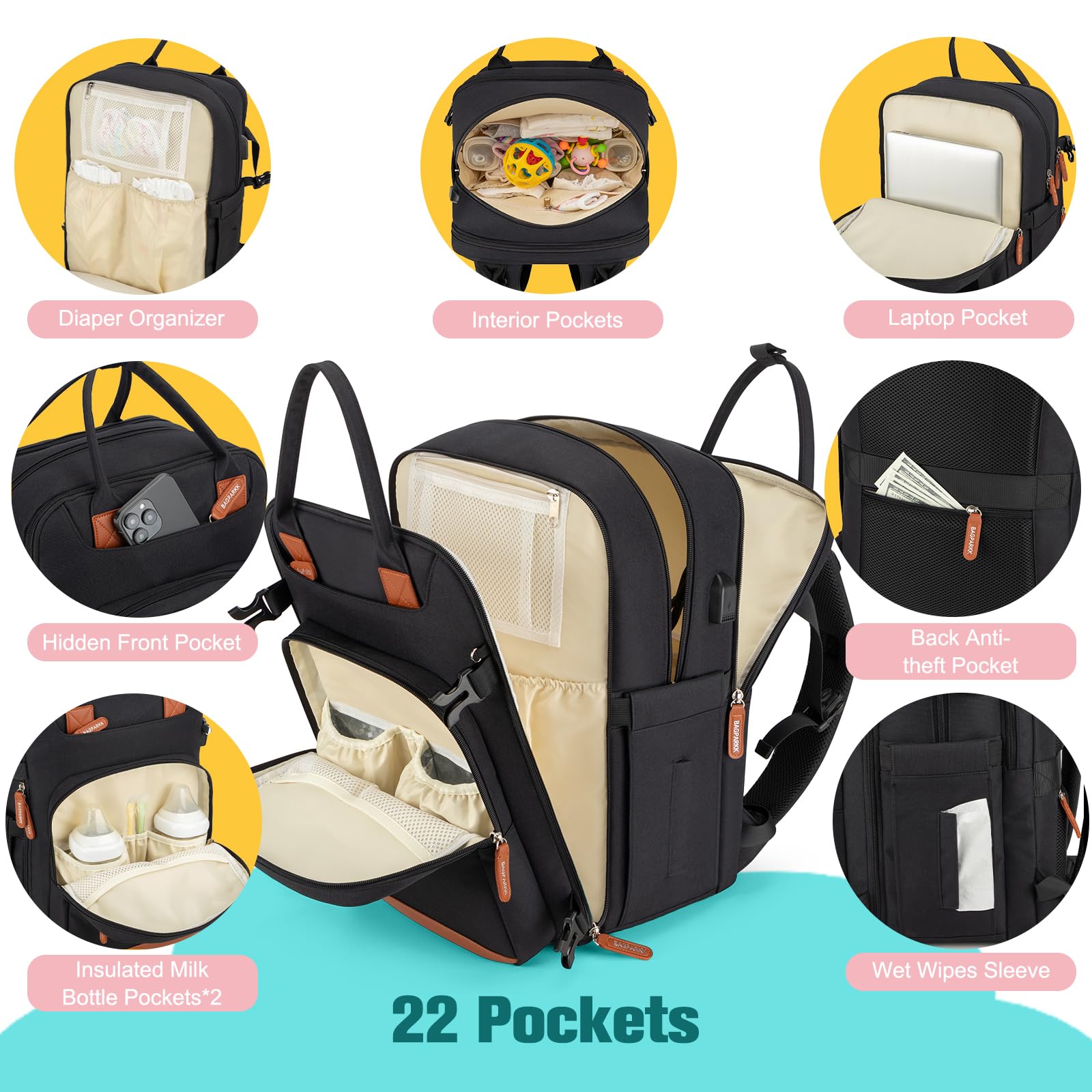 BAGPARKK Mochila para pañales, bolsas de pañales impermeables con puerto de carga USB, mochila de viaje antirrobo multifunción, Black, XL, Mochilas daypack