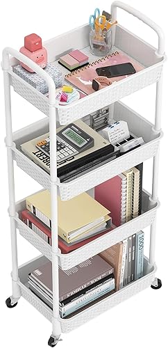 MOYIPIN Carrito utilitario de plástico de 4 niveles con asa, carrito de almacenamiento para oficina, sala de estar, cocina, estantes organizadores