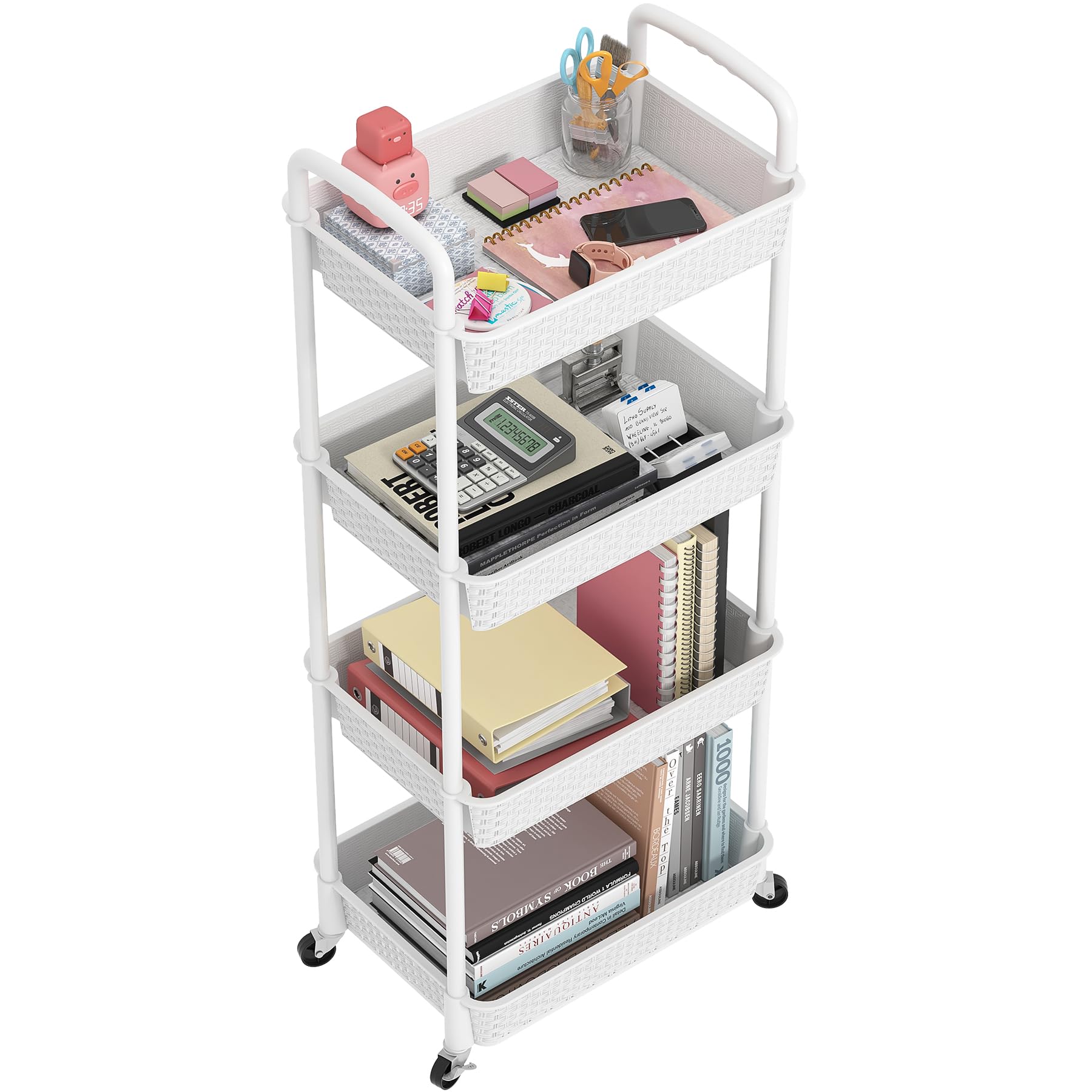 MOYIPIN 4-Tier Plastic Rolling Utility Cart with Handle,Utility Storage Cart for Office, Living Room, Kitchen,Movable Storage Organizer Shelves,White