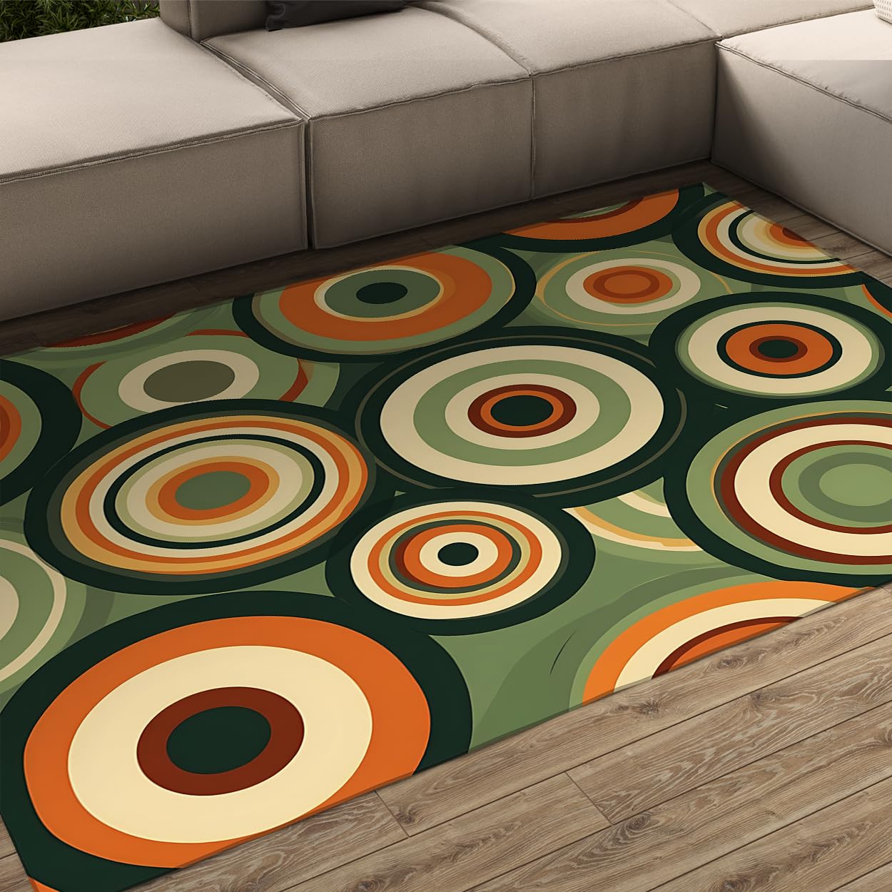 Tapis rétro Pop Art premium aux cercles concentriques vert-orange antidérapant