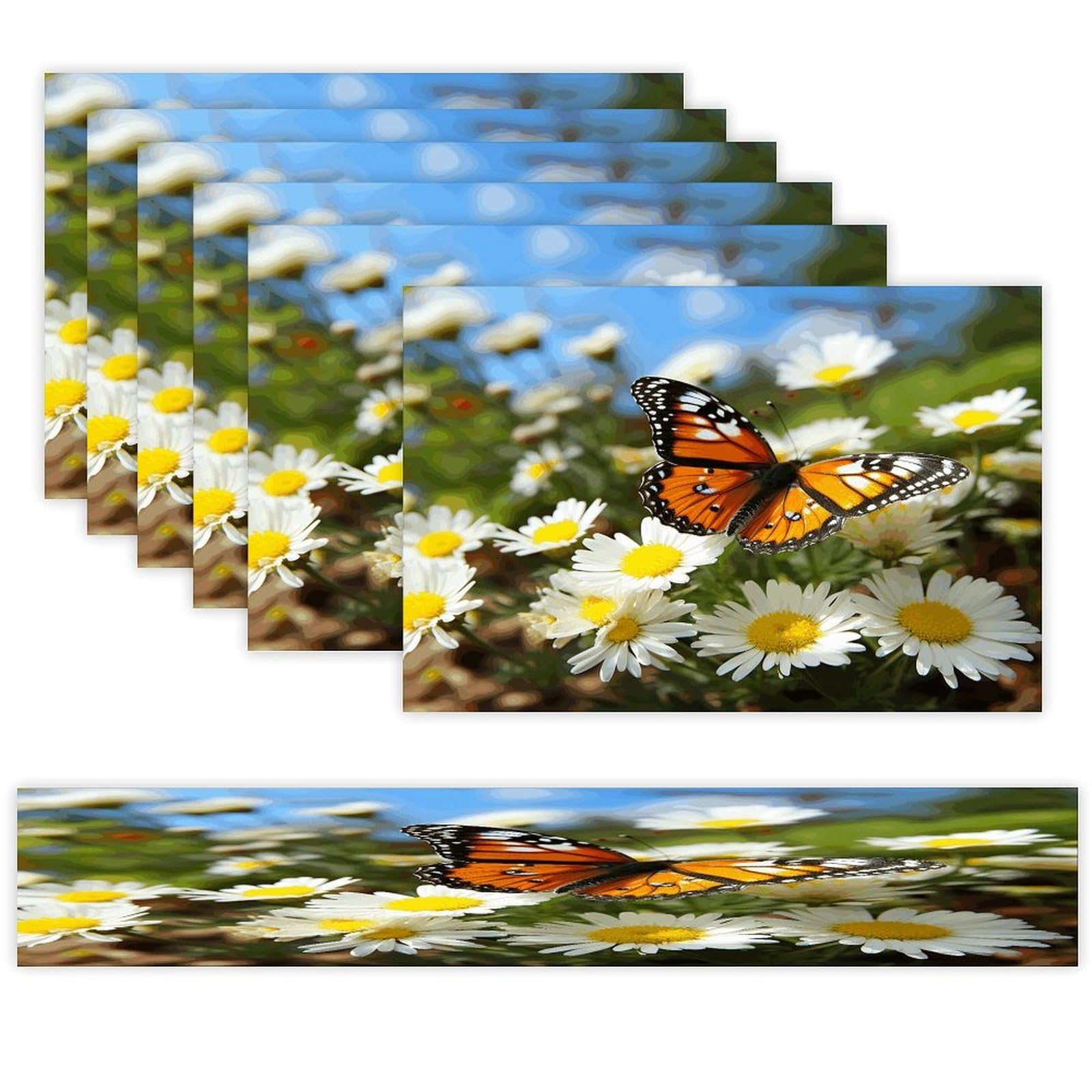 Butterfly on Daisy Flower Table Runner and Placemats Set of 6 for Kitchen Washable Table Mats Heat Resistant Place Mats Non-Slip Place Mat Wipeable Placemat(6 Placemats+1 Table Runner)