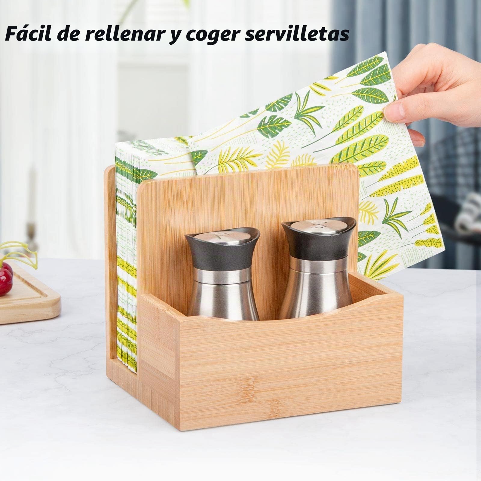 Servilletero Vertical de Mesa de Bambú con Compartimento para Salero y Pimentero, Porta Servilletas Guardanapos de Mesa con Base Antideslizante para Bar Cocina Restaurante