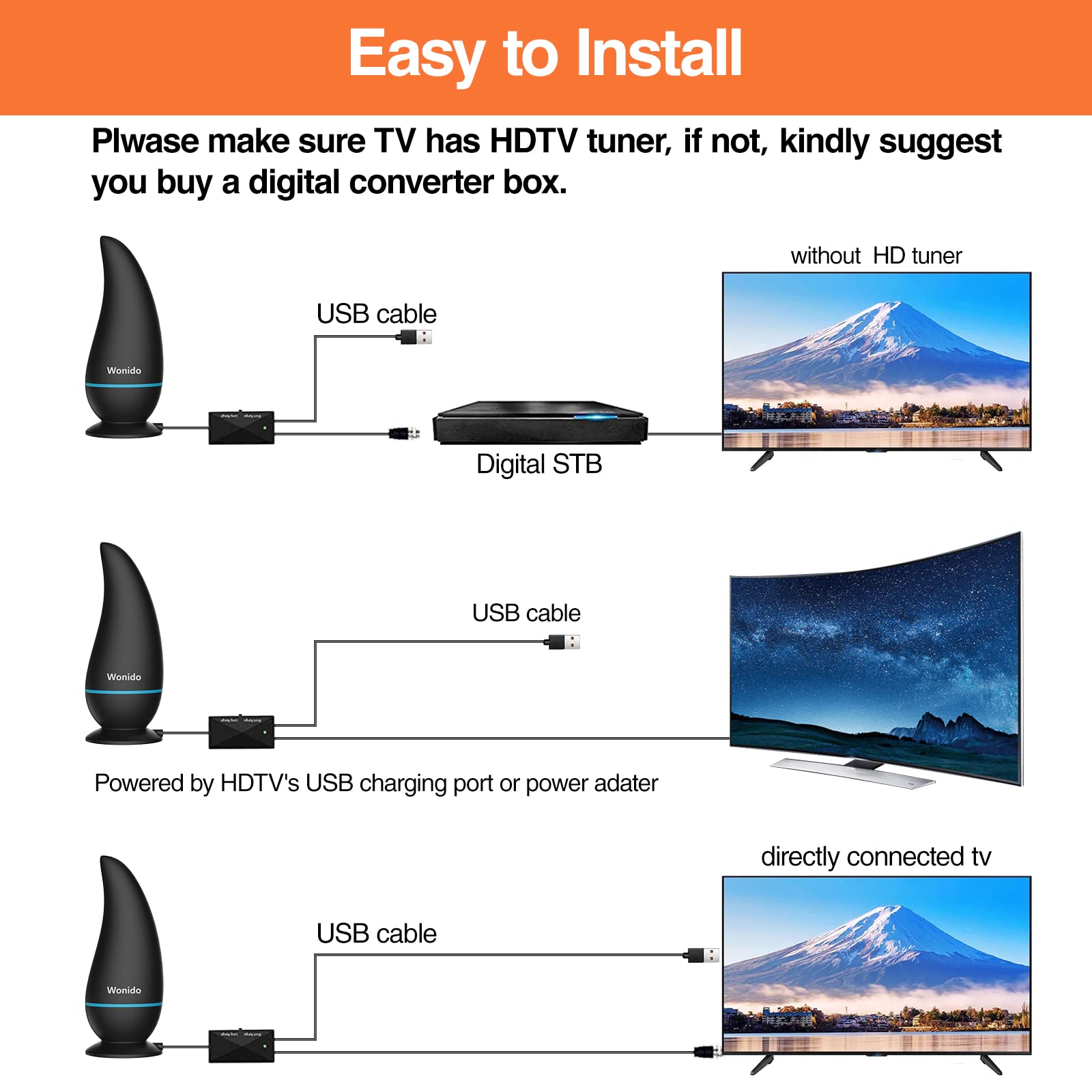 Antena TV Interior Portátil Con Base Magnética Fuerte, Alcance 260+ Km, Compatible 4K/1080p, Cable Coaxial 3m, Color Azul