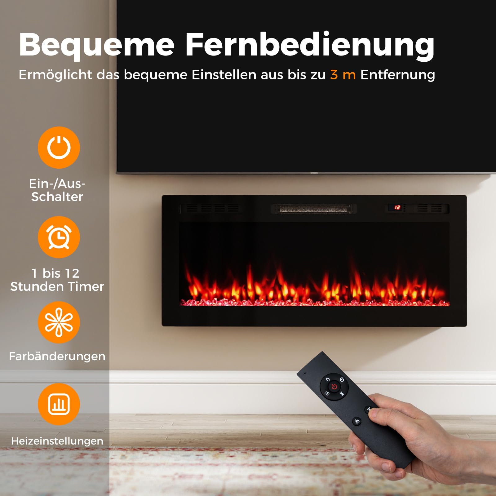 COSTWAY Kominek elektryczny 42", 750 W/1500 W, kominek do zabudowy, kominek ścienny z aplikacją, obsługa Wi-Fi i pilot zdalnego sterowania, kominek elektryczny z 12 kolorami płomienia i żaru, 5