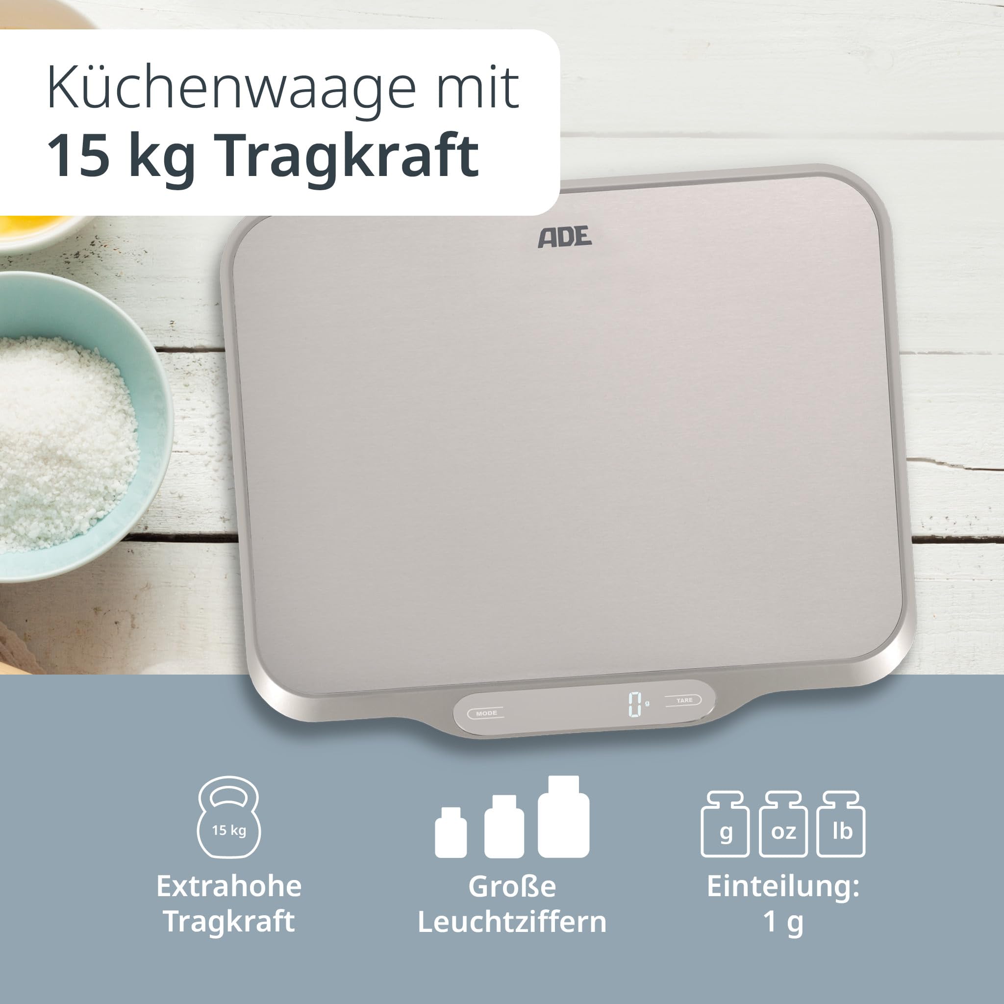 ADE Extra große Küchenwaage digital bis 15kg | Küchenwaage große Wiegefläche 26x31 cm | perfekt als Kuchenwaage, Paketwaage, Fleischwaage