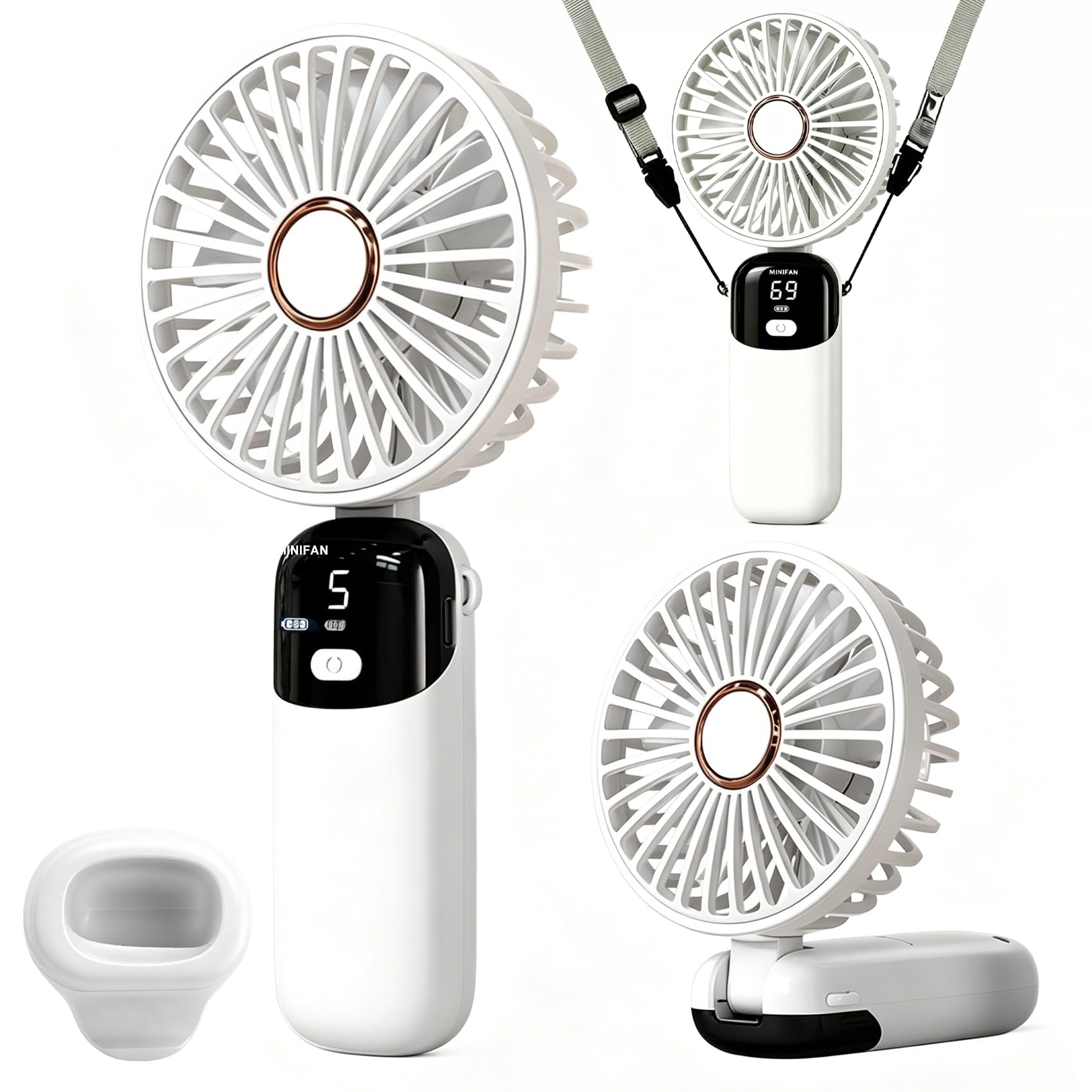 PIuertoRick Rechargeable Hand held Fan with LED Display, 5-Speed Settings, 90-Degree Adjustable, Desk Fan, Hand Fan, Portable fan, Quiet Cooling, Compact Design, USB Charging. (white)