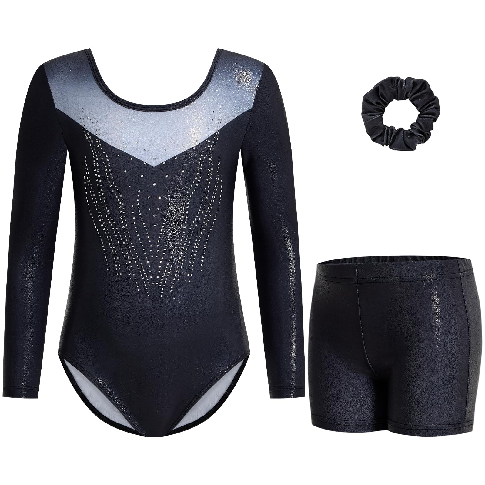 Gogokids Maillot de gimnasia de tres piezas para niña, de manga larga, con pantalones cortos y cinta para el pelo, ropa de gimnasia con diseño degradado para 3-12 años — view 24